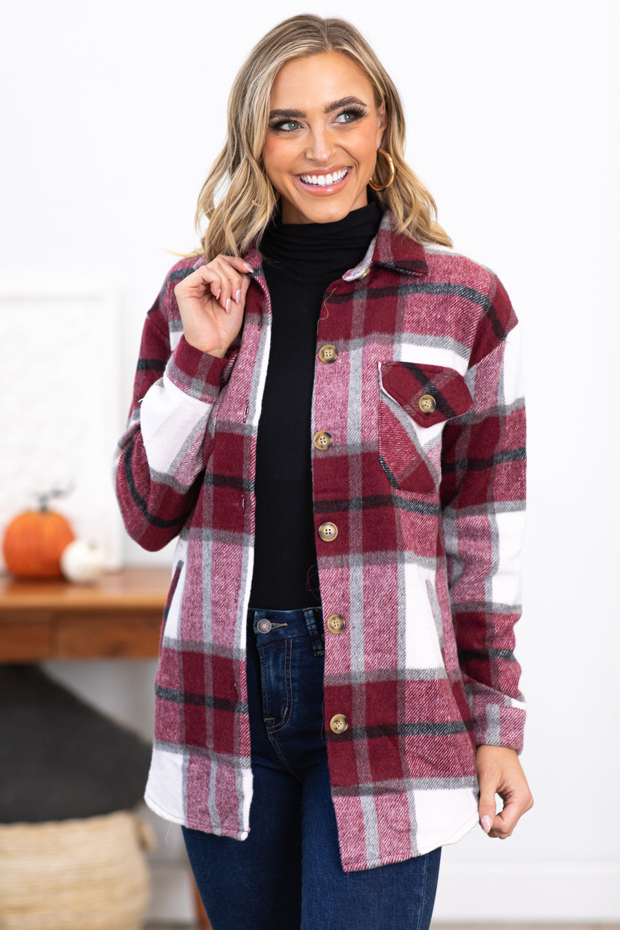 Burgundy and White Plaid Shacket With Pockets
