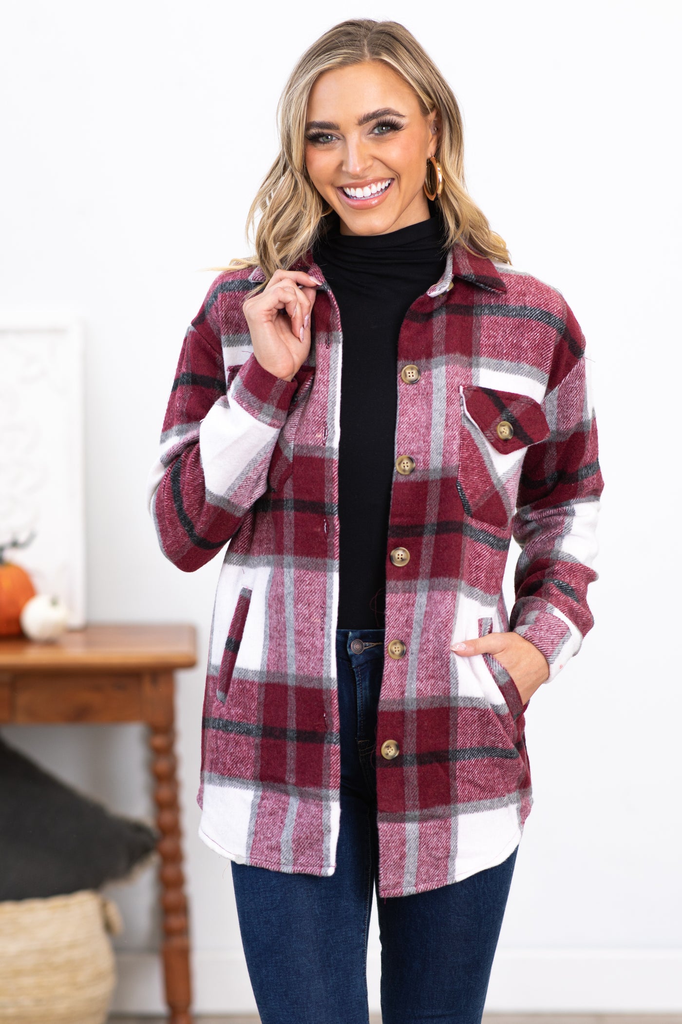 Burgundy and White Plaid Shacket With Pockets