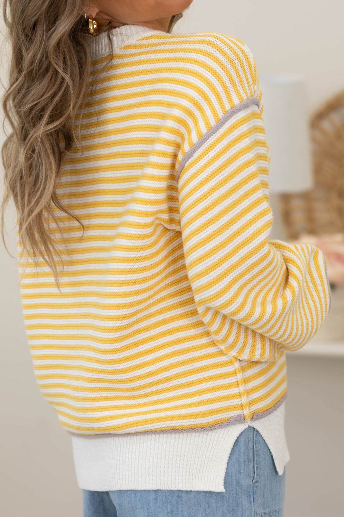 Striped Sweater with Contrast Detail and Ribbed Trim