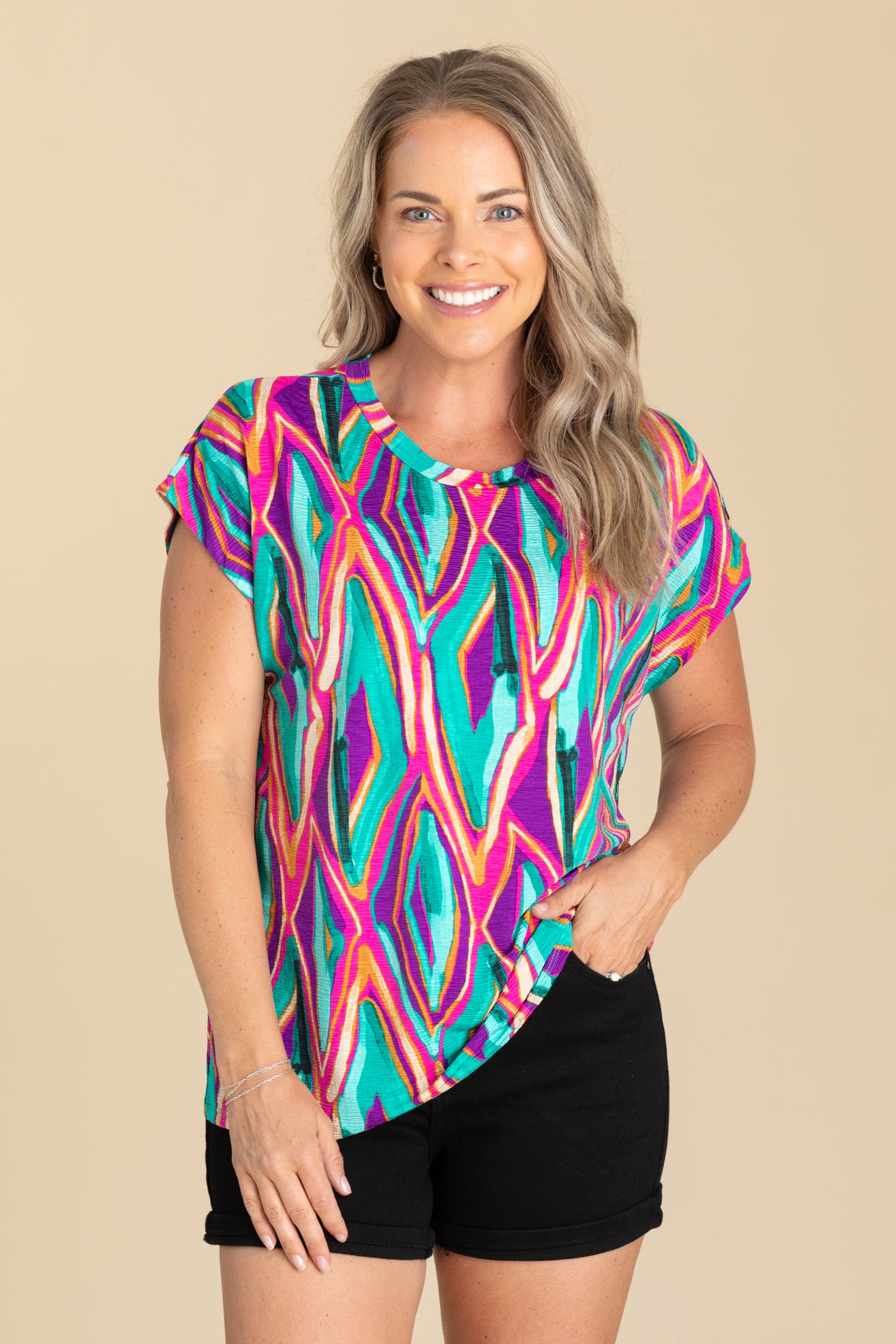 Fuchsia With Purple Short Sleeve Knit Top