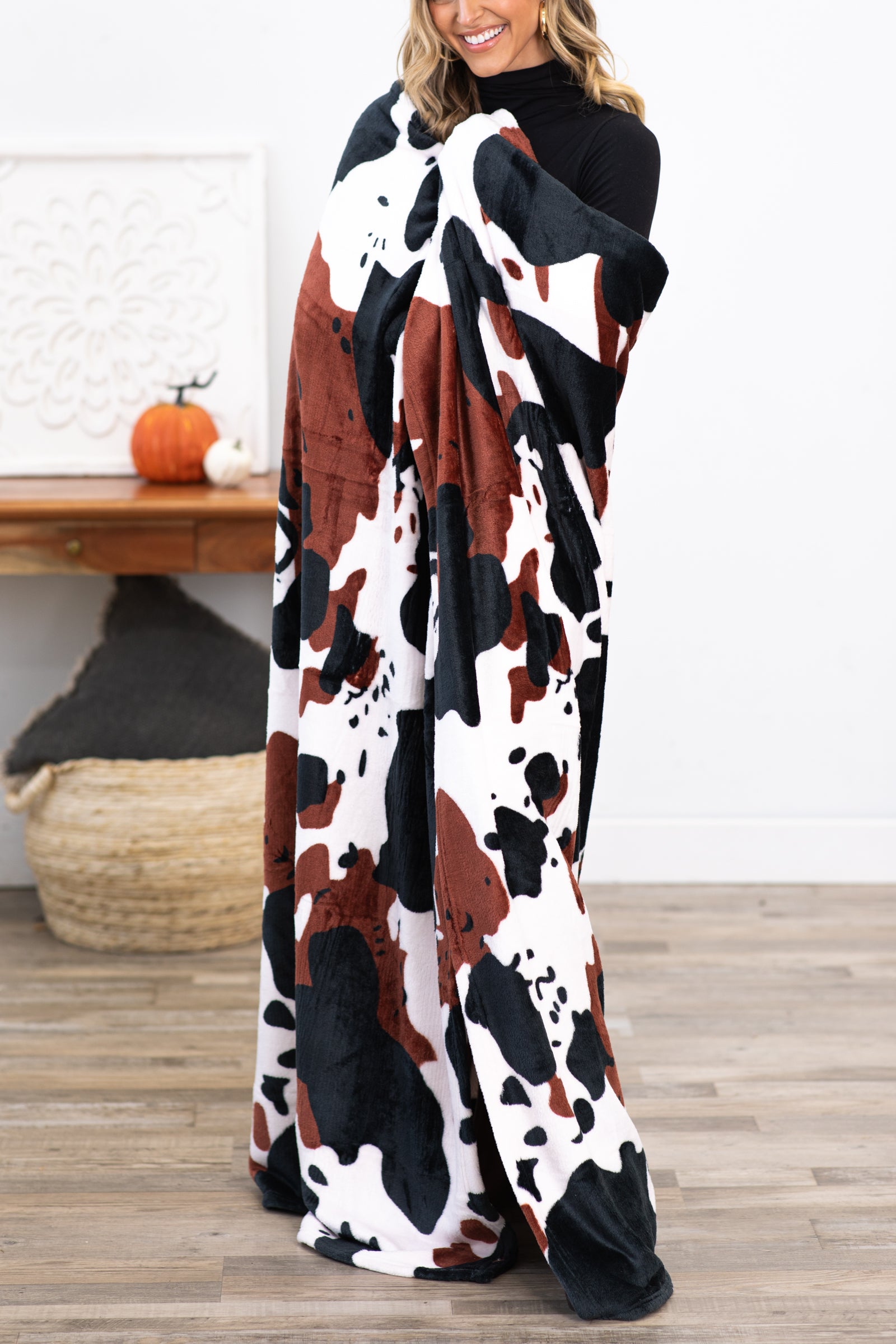Black and Chestnut Cow Print Blanket