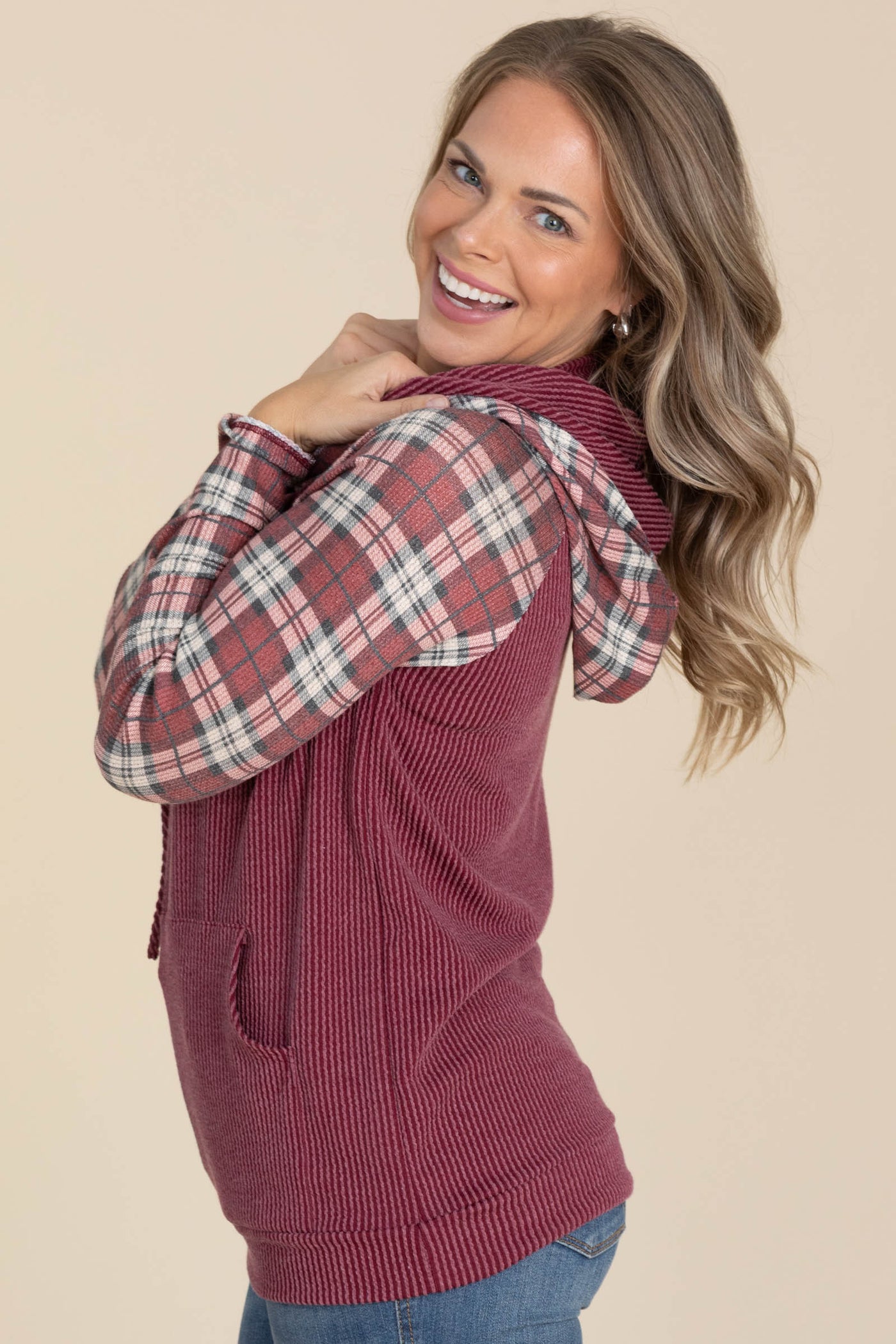 Burgundy Rib Plaid Contrast Hoodie Knit Top