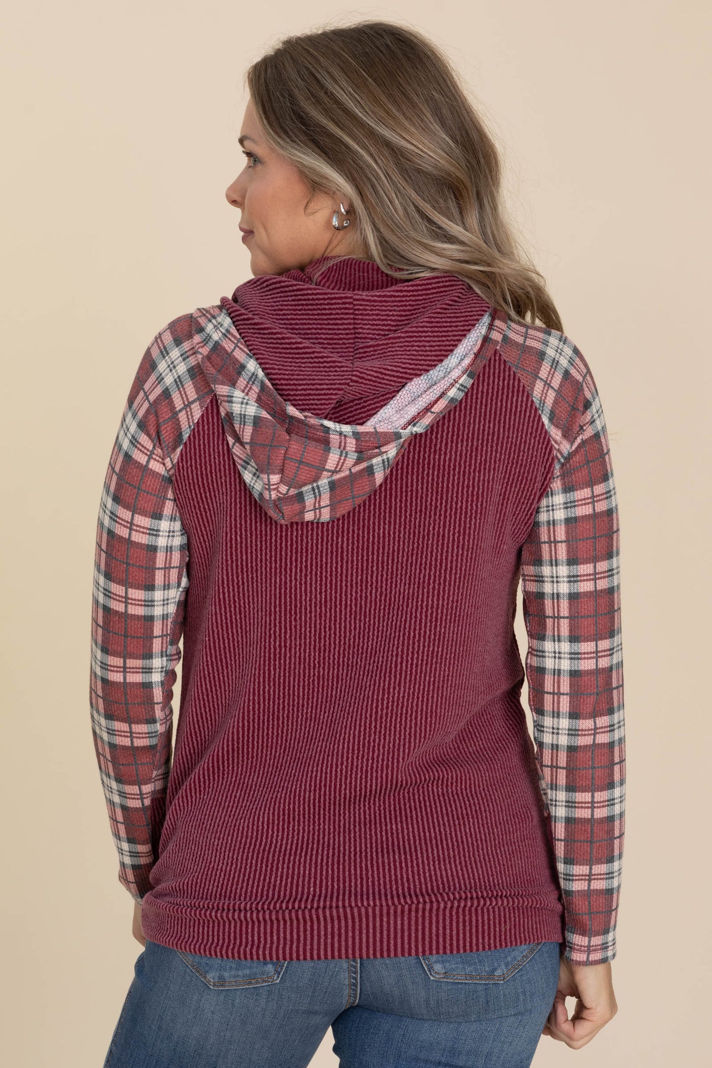 Burgundy Rib Plaid Contrast Hoodie Knit Top