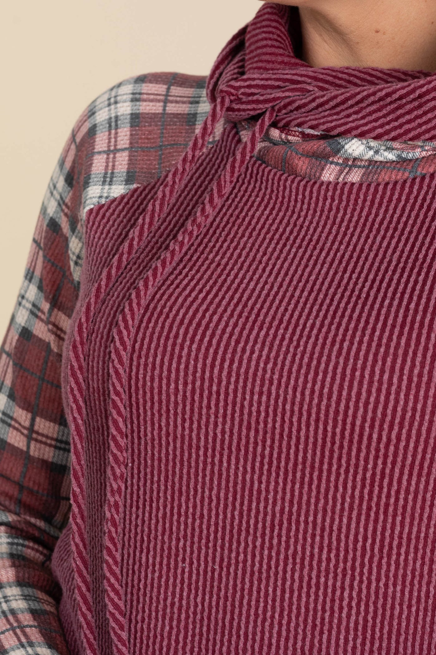Burgundy Rib Plaid Contrast Hoodie Knit Top