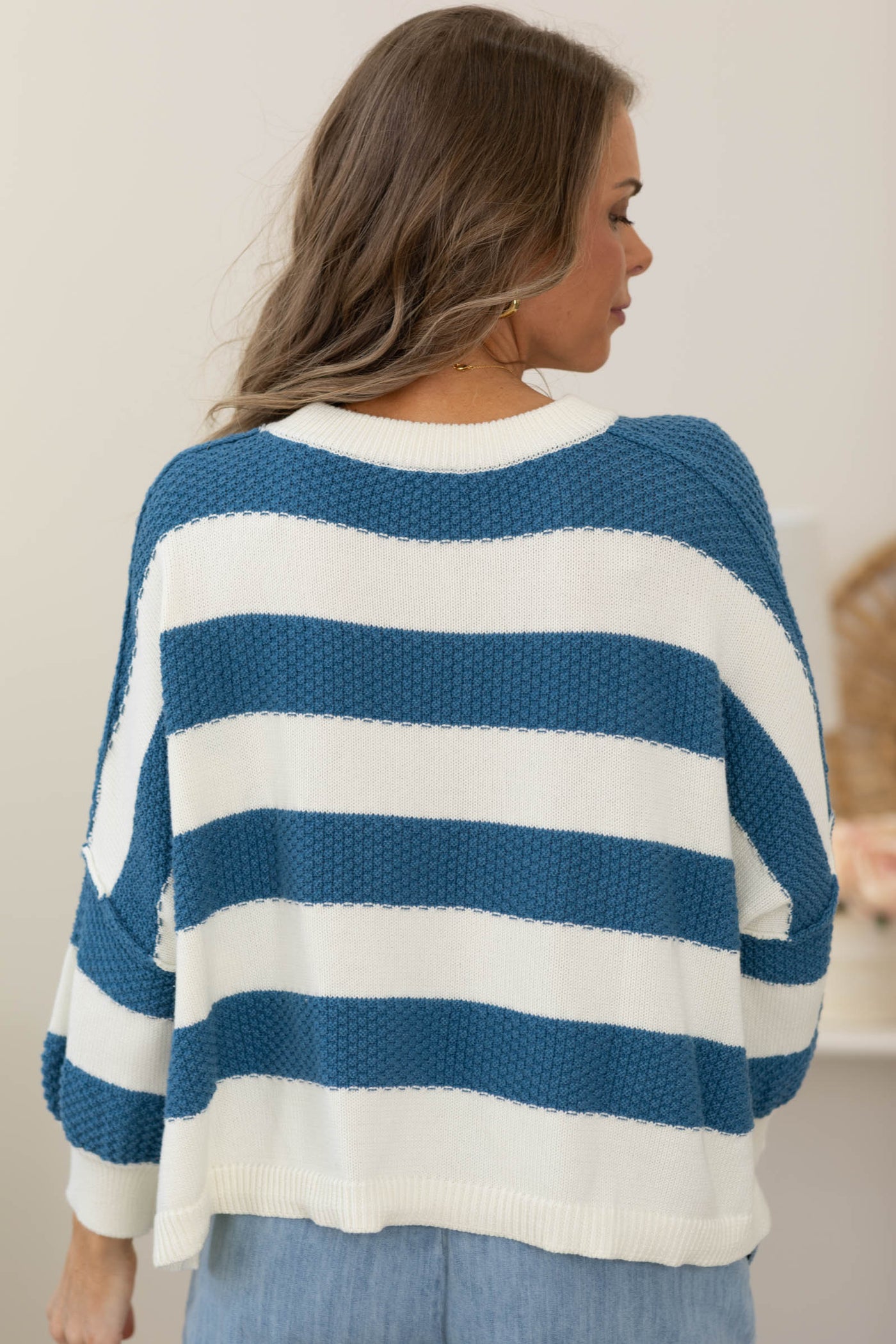 Ivory and Sea Blue Striped Pullover Top