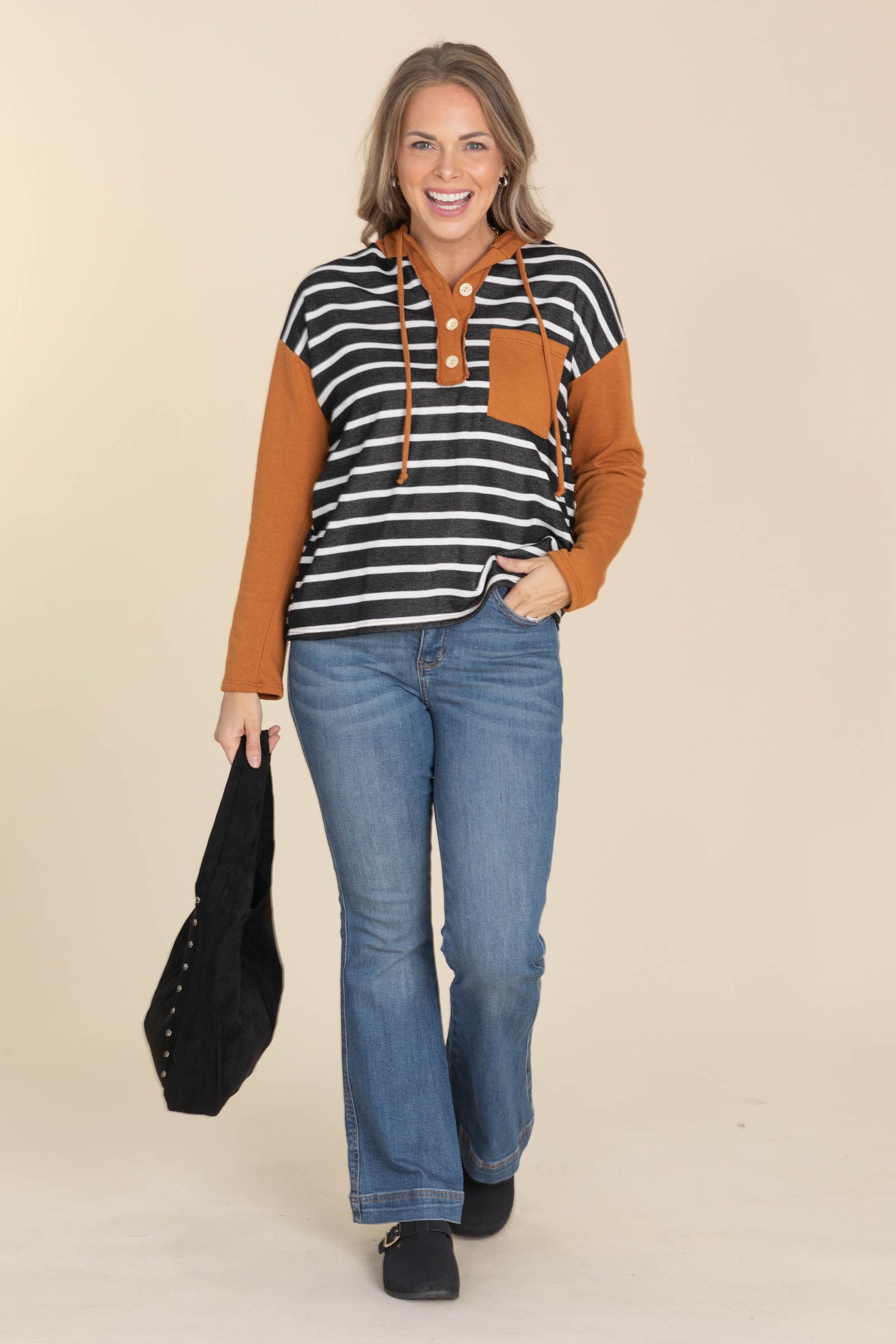 Dark Camel Stripe Hoodie Knit Top