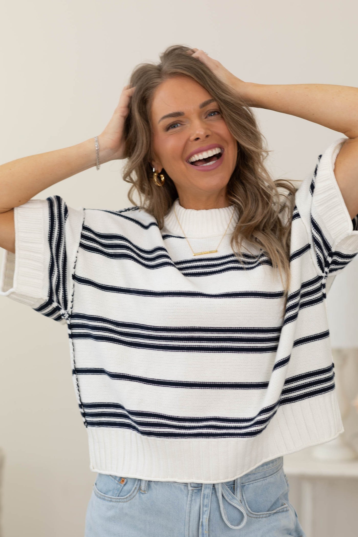Pullover Striped Sweater with Ribbed Trim Detail