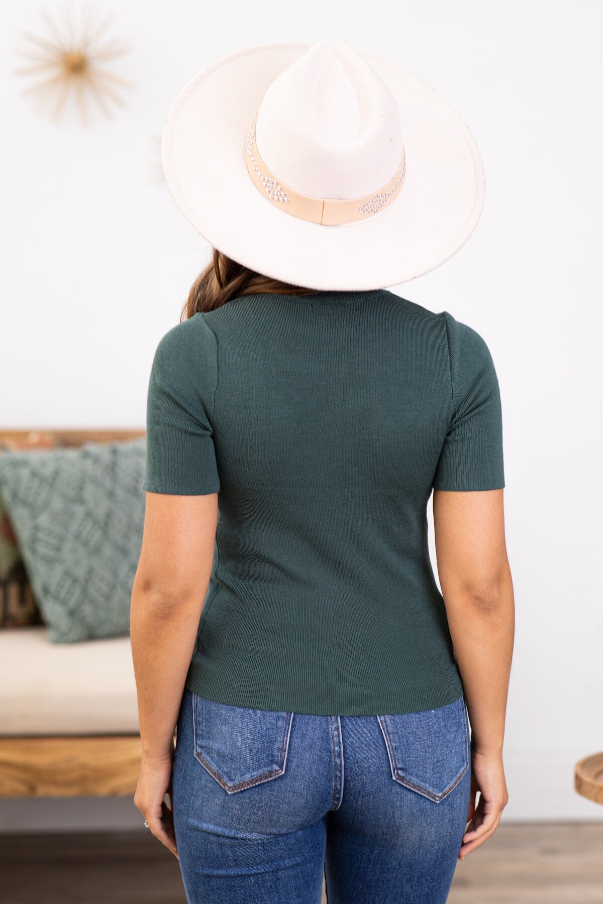 Emerald Green Ribbed Mock Neck Fitted Top - Filly Flair