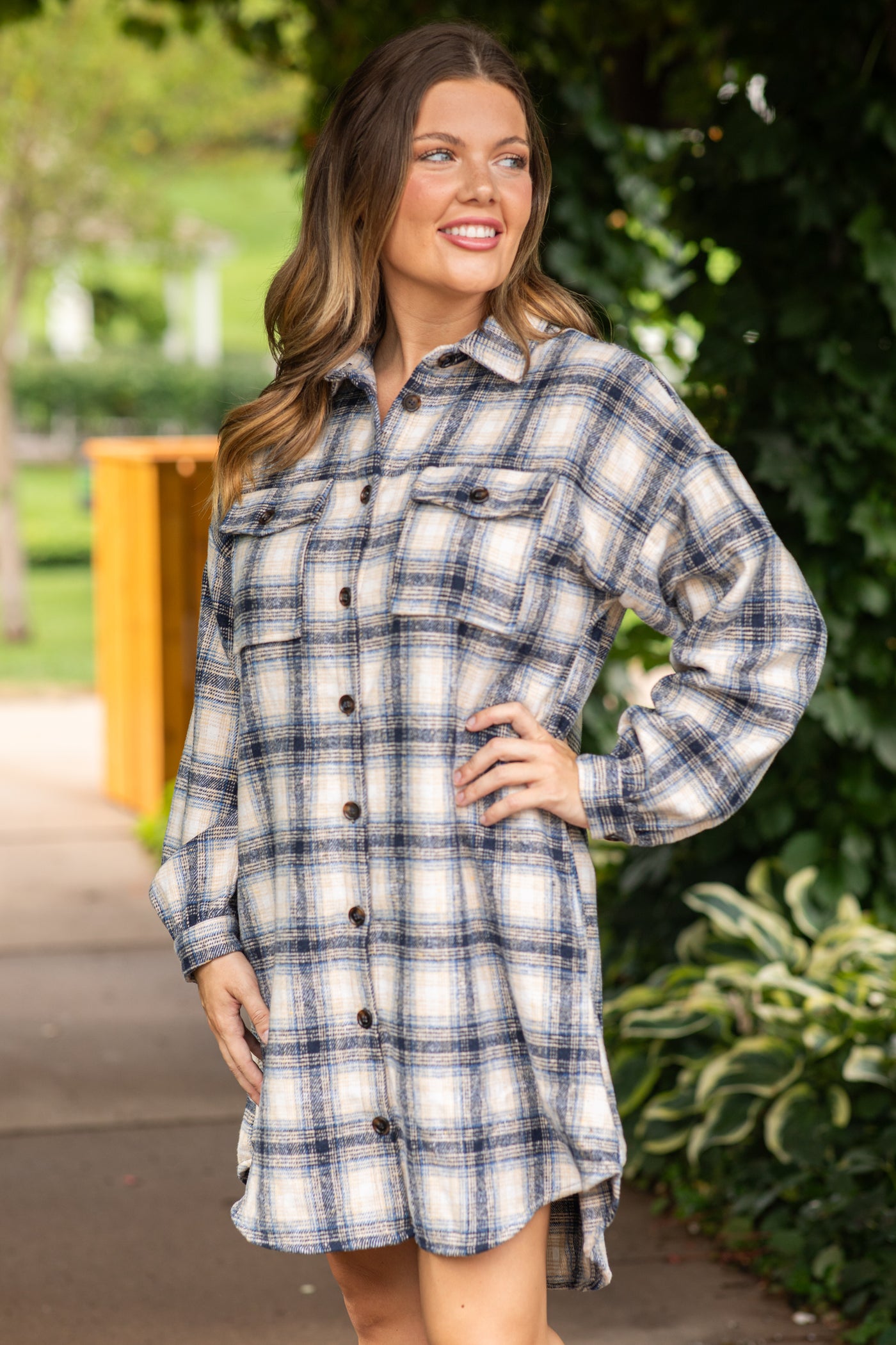 Navy and Off White Plaid Shirt Dress