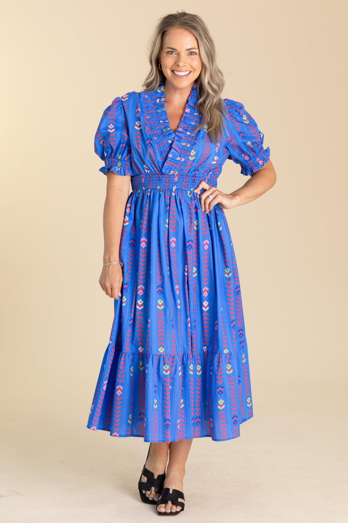 Royal Blue Mix With Smocking Midi Dress Filly Flair Royal Blue Mix With Smocking Midi Dress Filly Flair