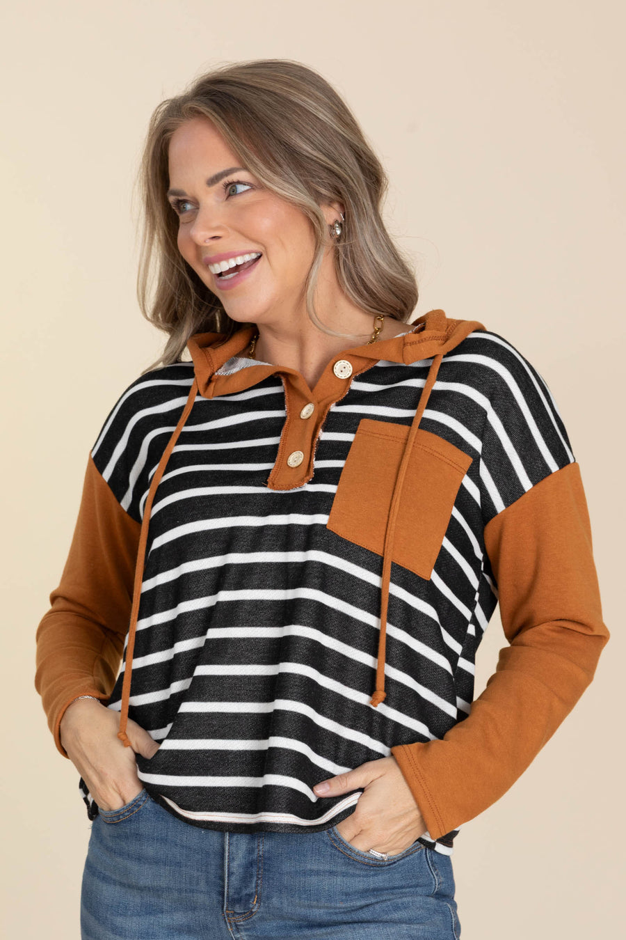Dark Camel Stripe Hoodie Knit Top
