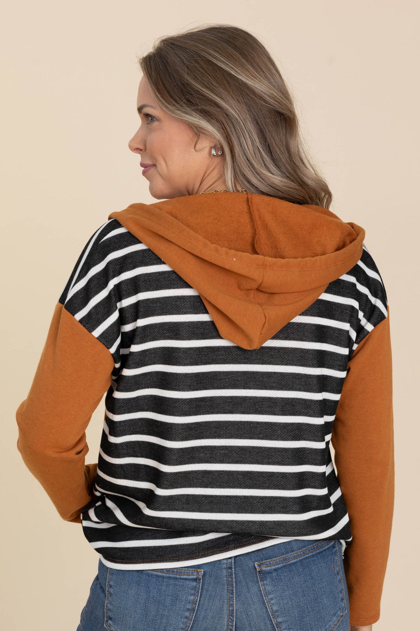 Dark Camel Stripe Hoodie Knit Top