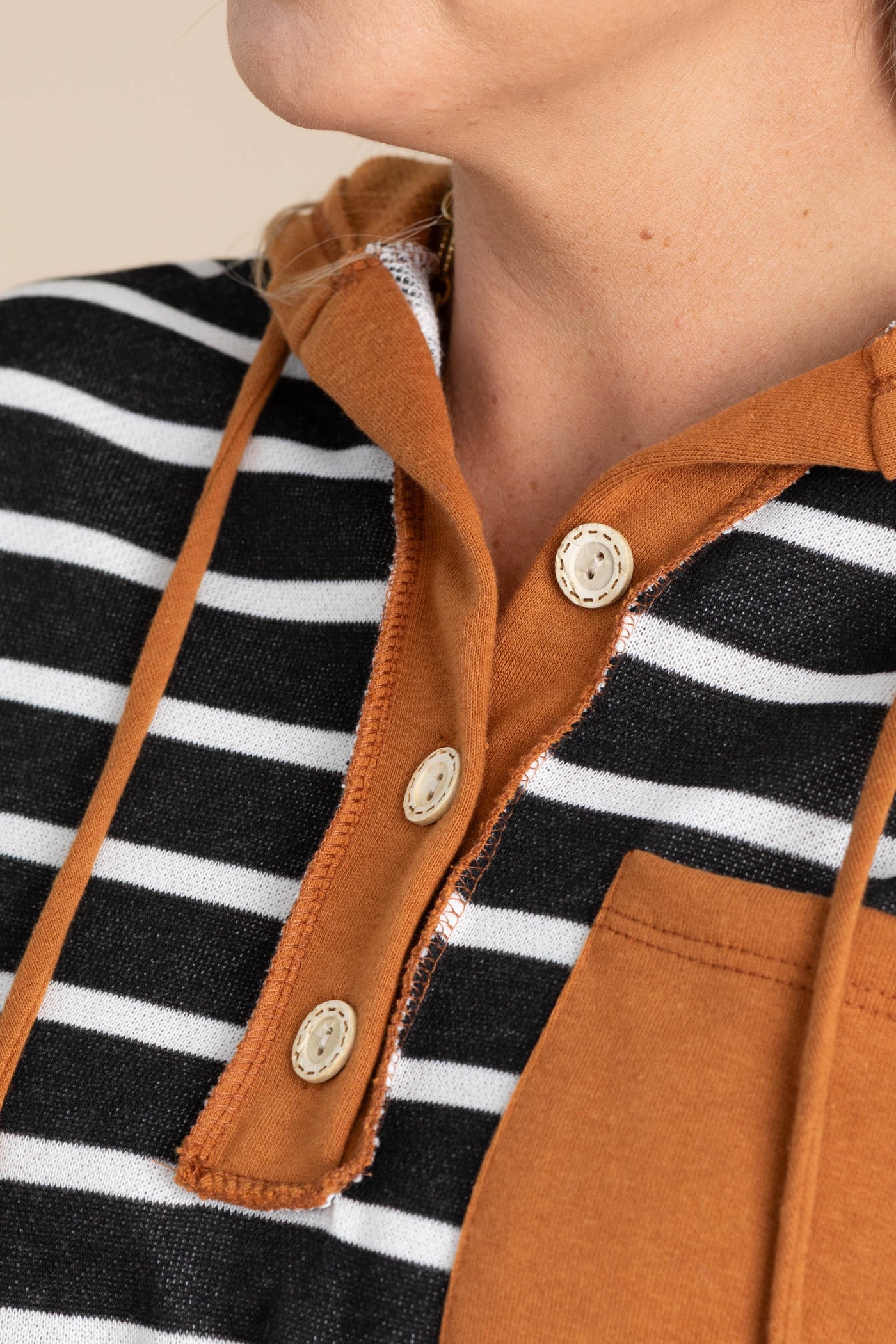 Dark Camel Stripe Hoodie Knit Top