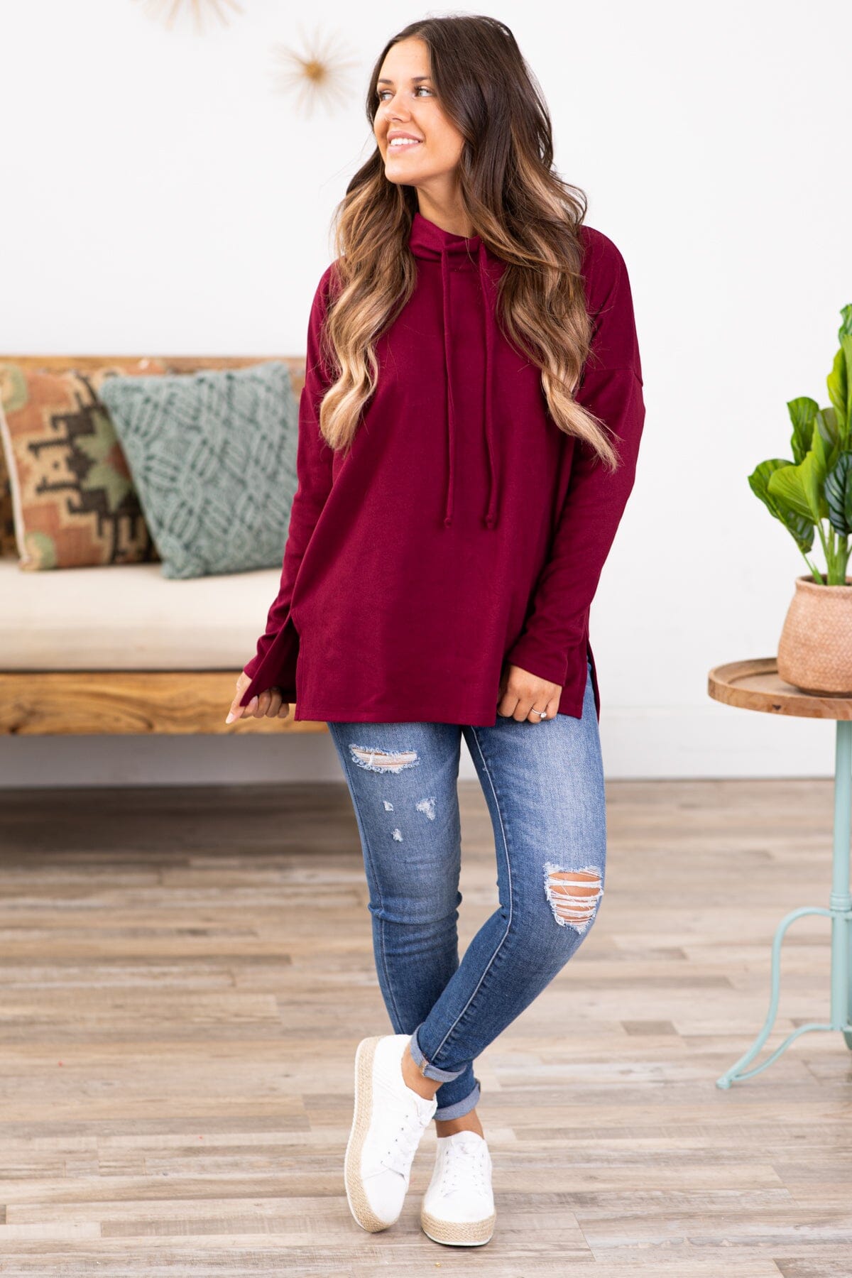 Burgundy Cowl Neck Long Sleeve Top - Filly Flair