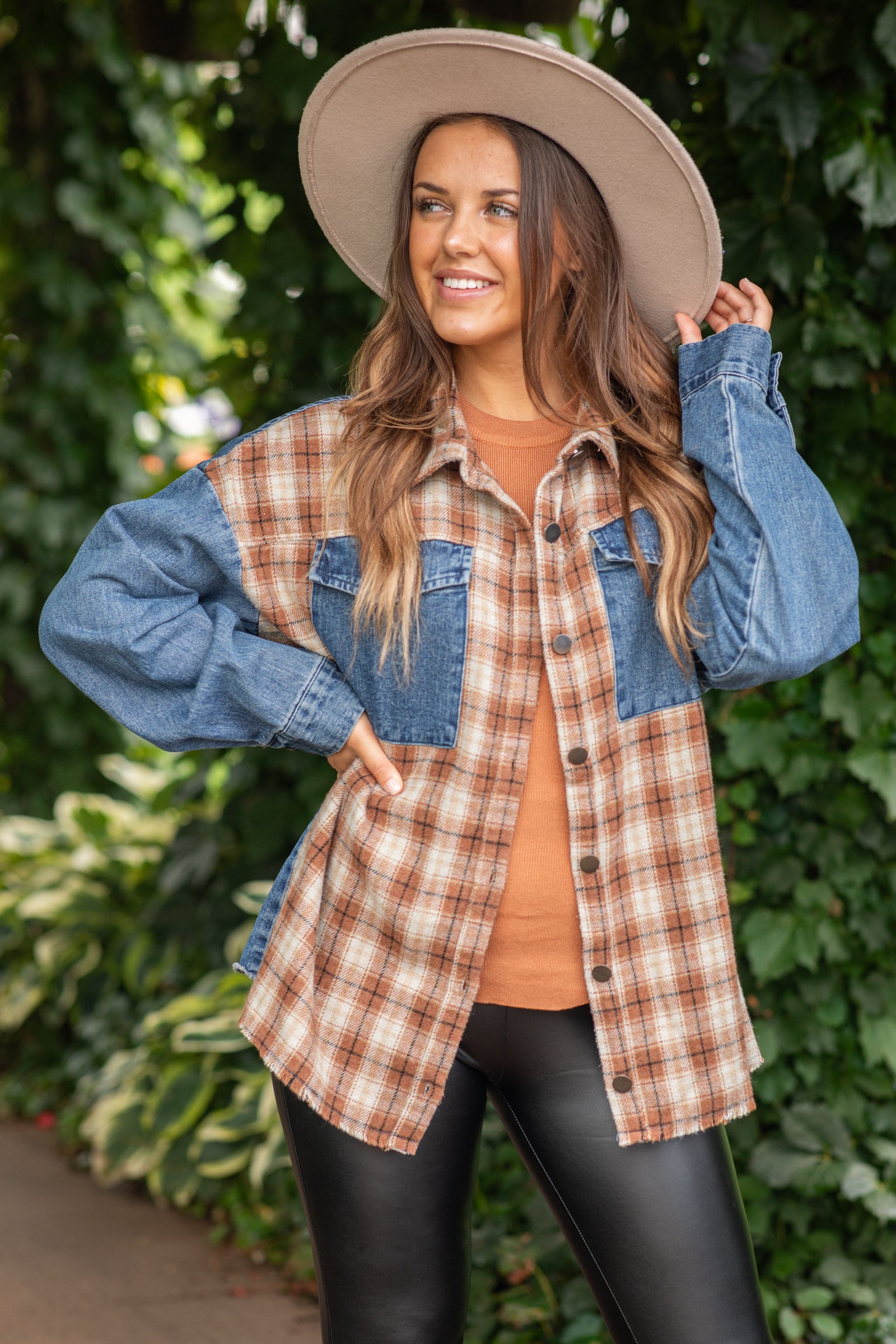Camel and Beige Plaid Jacket With Denim