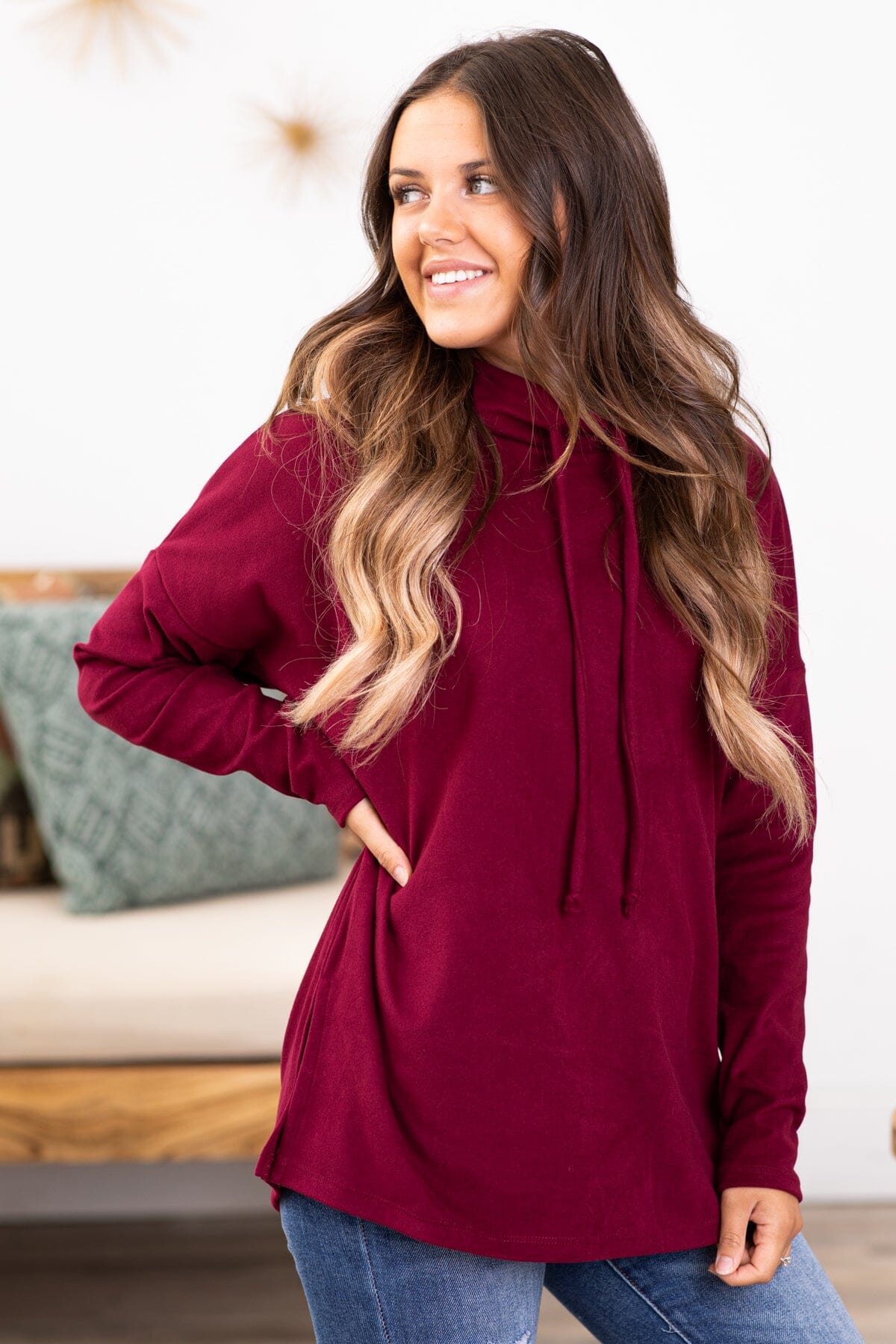 Burgundy Cowl Neck Long Sleeve Top - Filly Flair