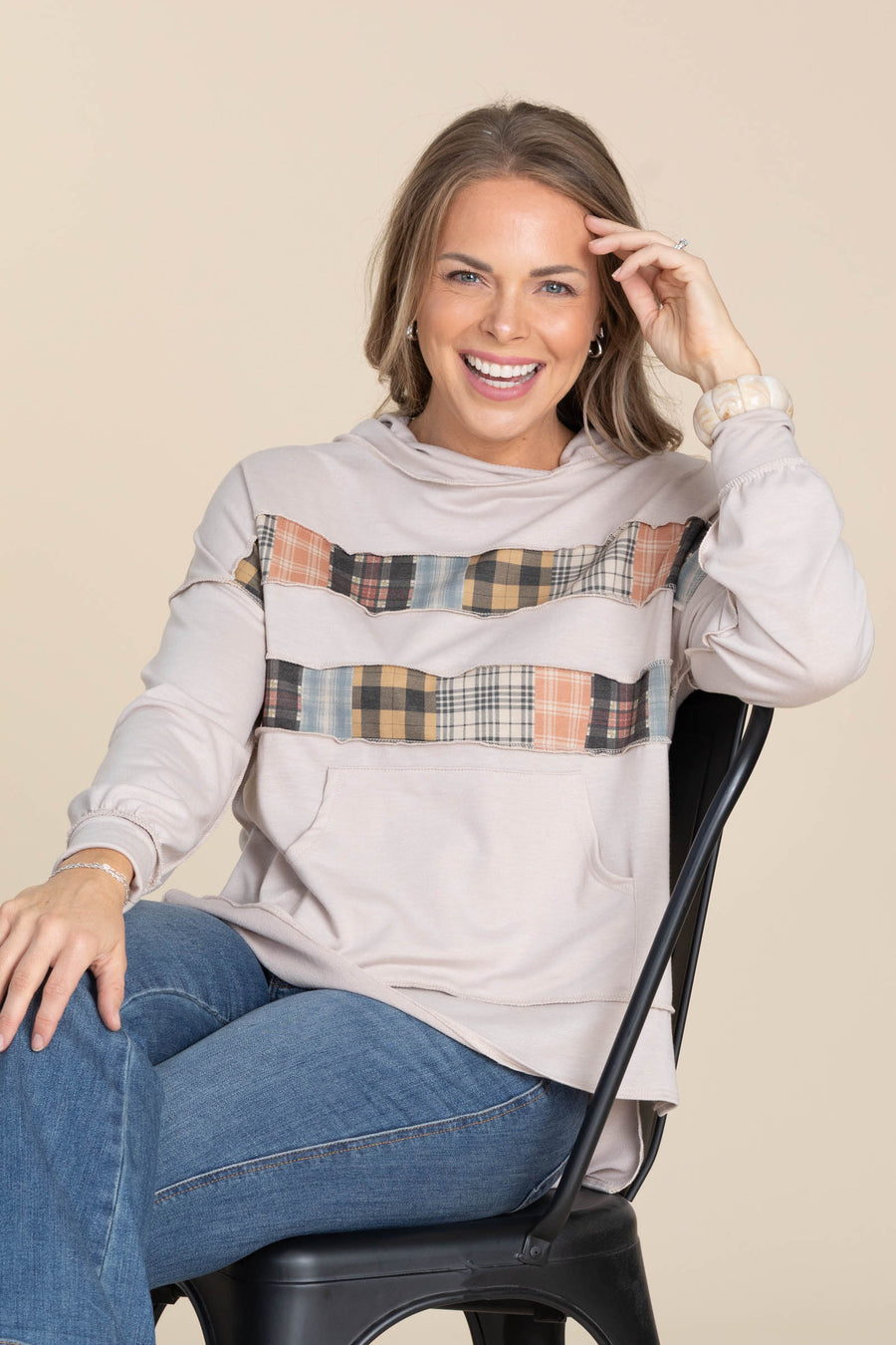 Beige French Terry Plaid Detail Knit Hoodie