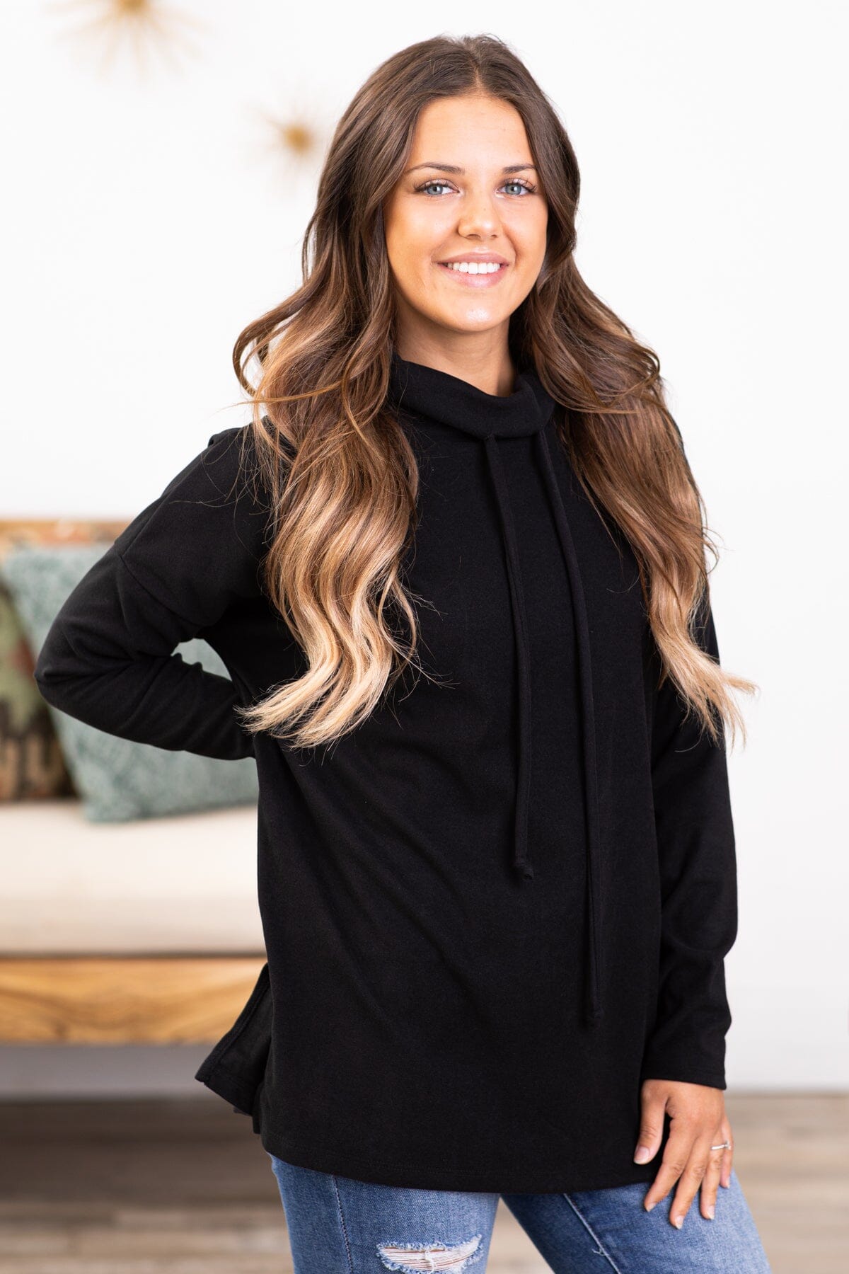 Black Cowl Neck Long Sleeve Top - Filly Flair