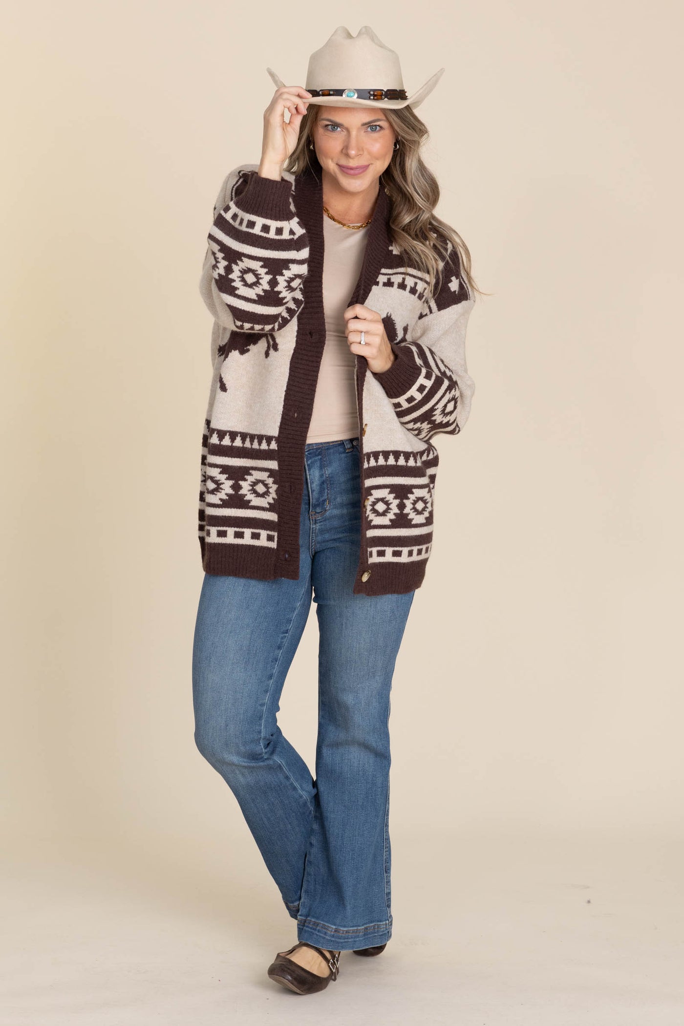 Taupe Western Graphic Knit Sweater Cardigan