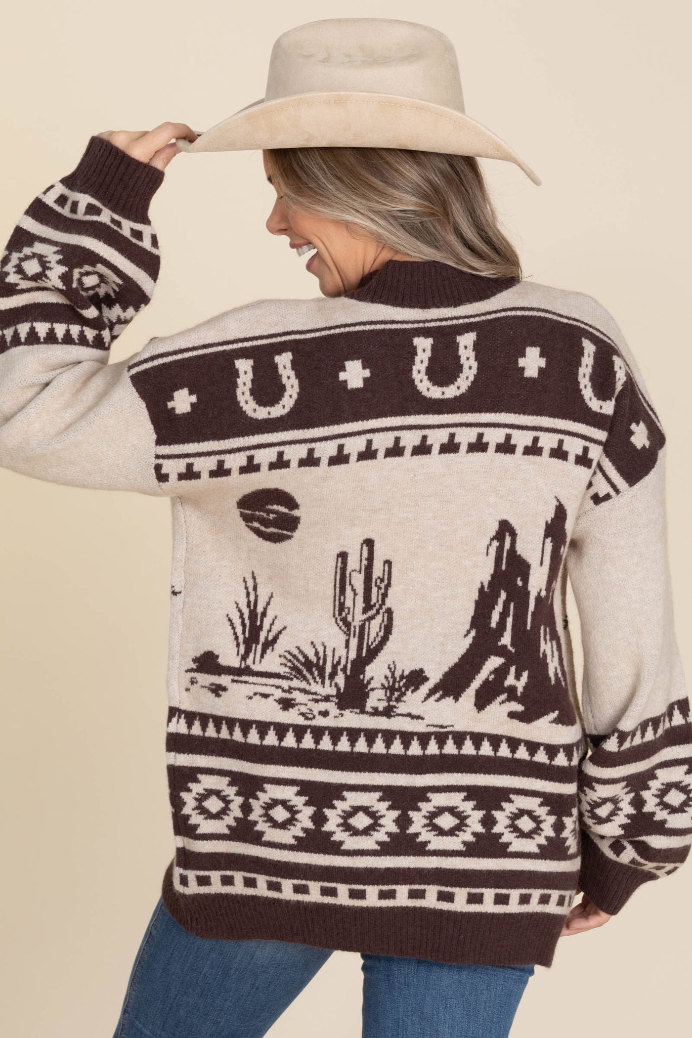 Taupe Western Graphic Knit Sweater Cardigan