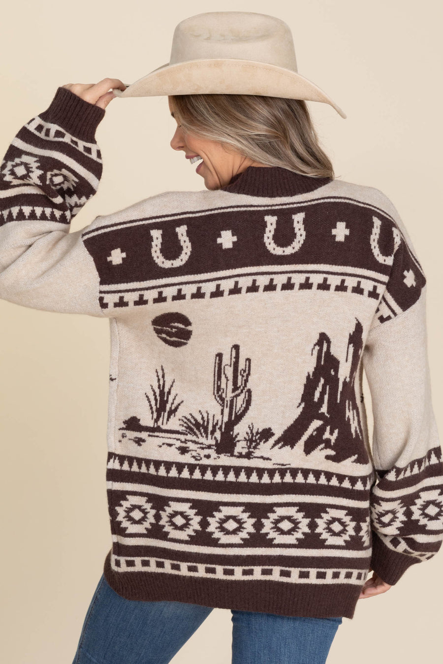 Taupe Western Graphic Knit Sweater Cardigan