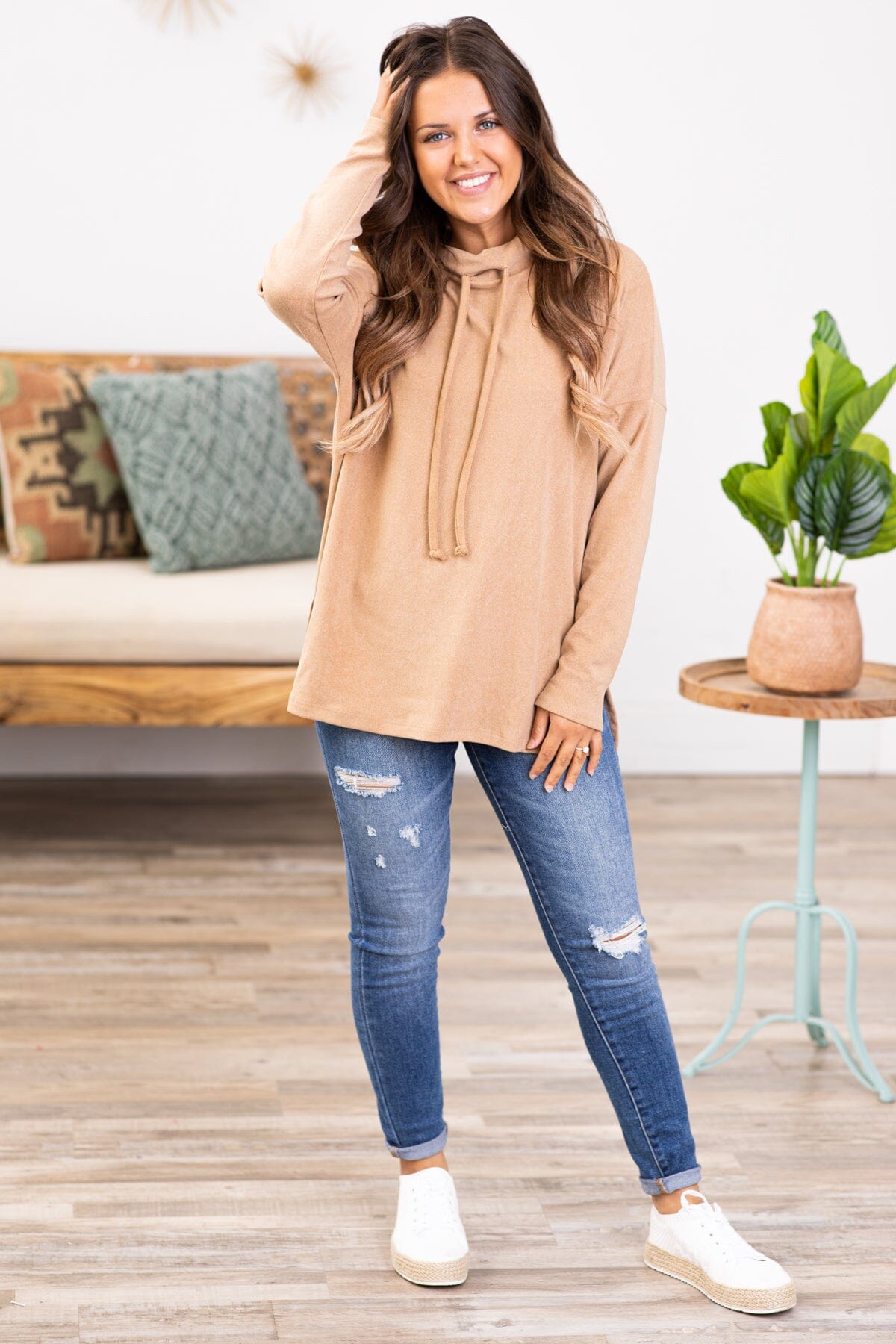 Taupe Cowl Neck Long Sleeve Top - Filly Flair
