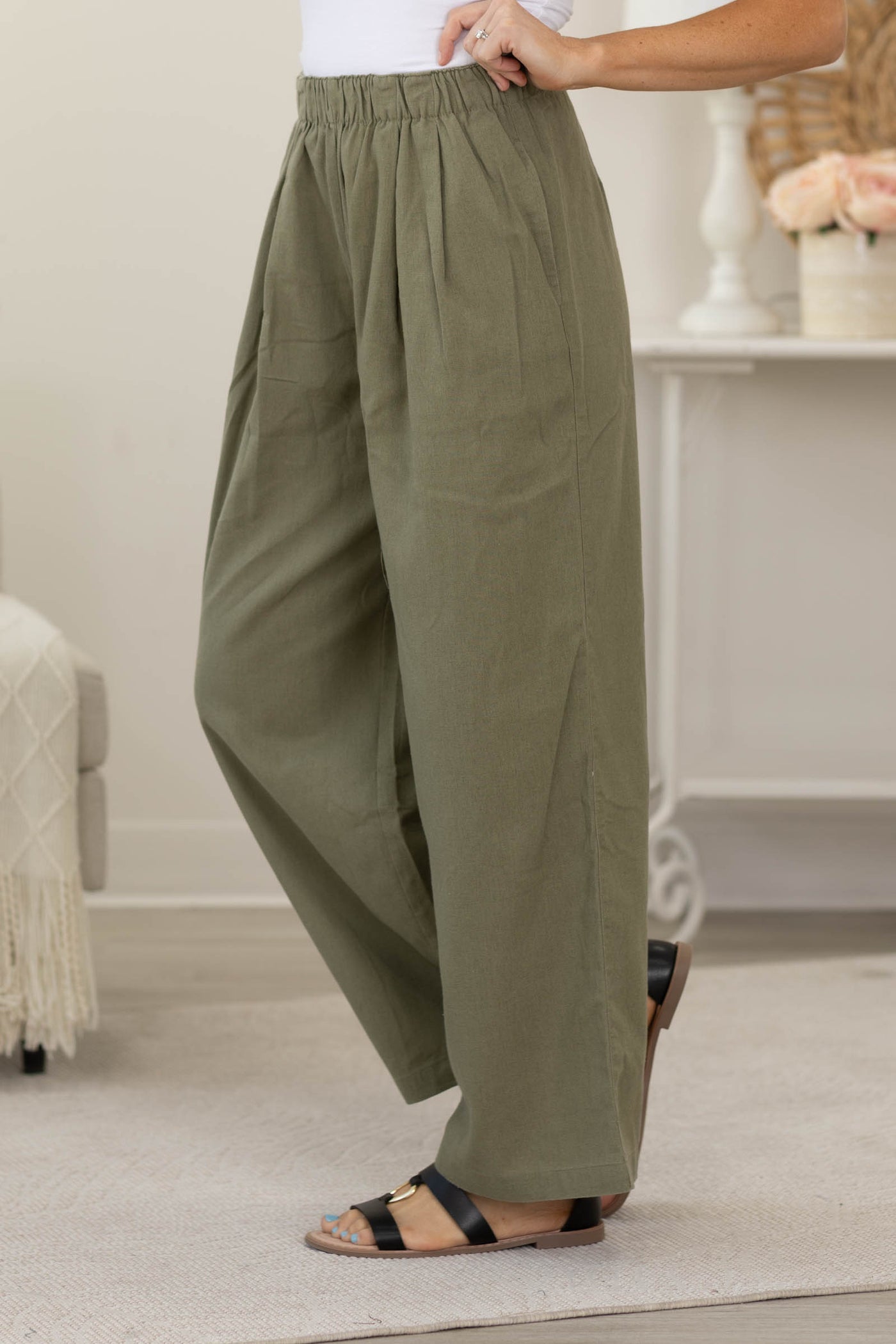 Olive Linen Wide Leg Pants With Pockets