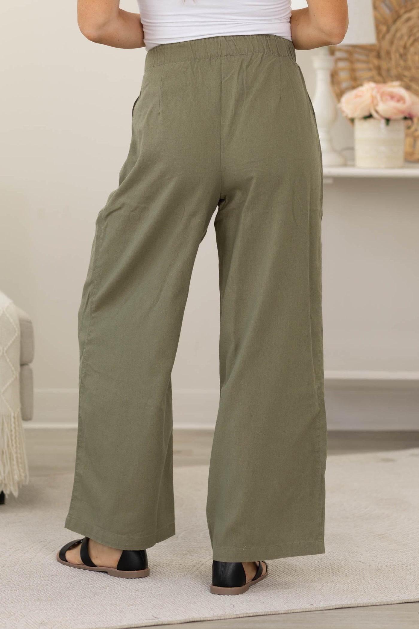 Olive Linen Wide Leg Pants With Pockets