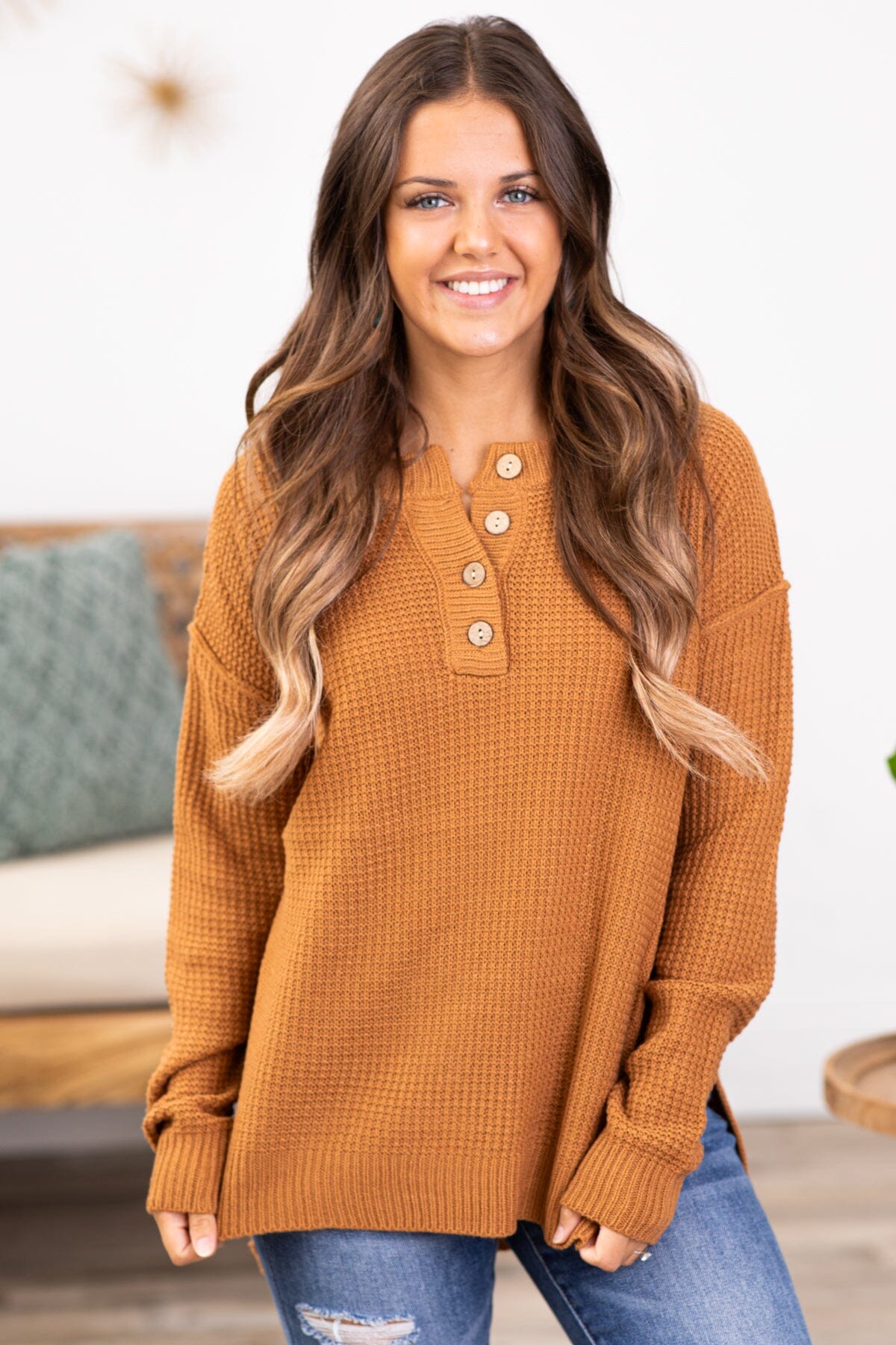 Cinnamon Waffle Knit Sweater With Buttons - Filly Flair