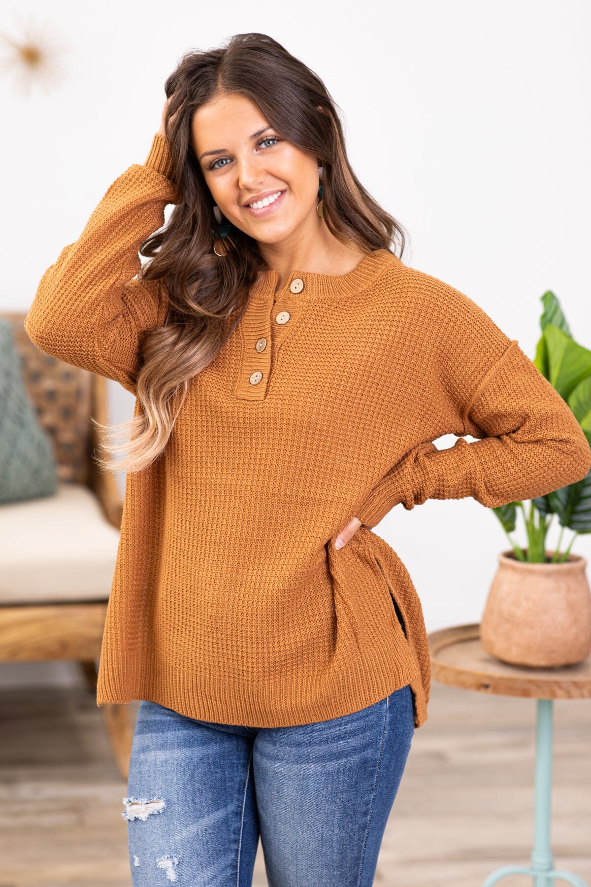 Cinnamon Waffle Knit Sweater With Buttons - Filly Flair