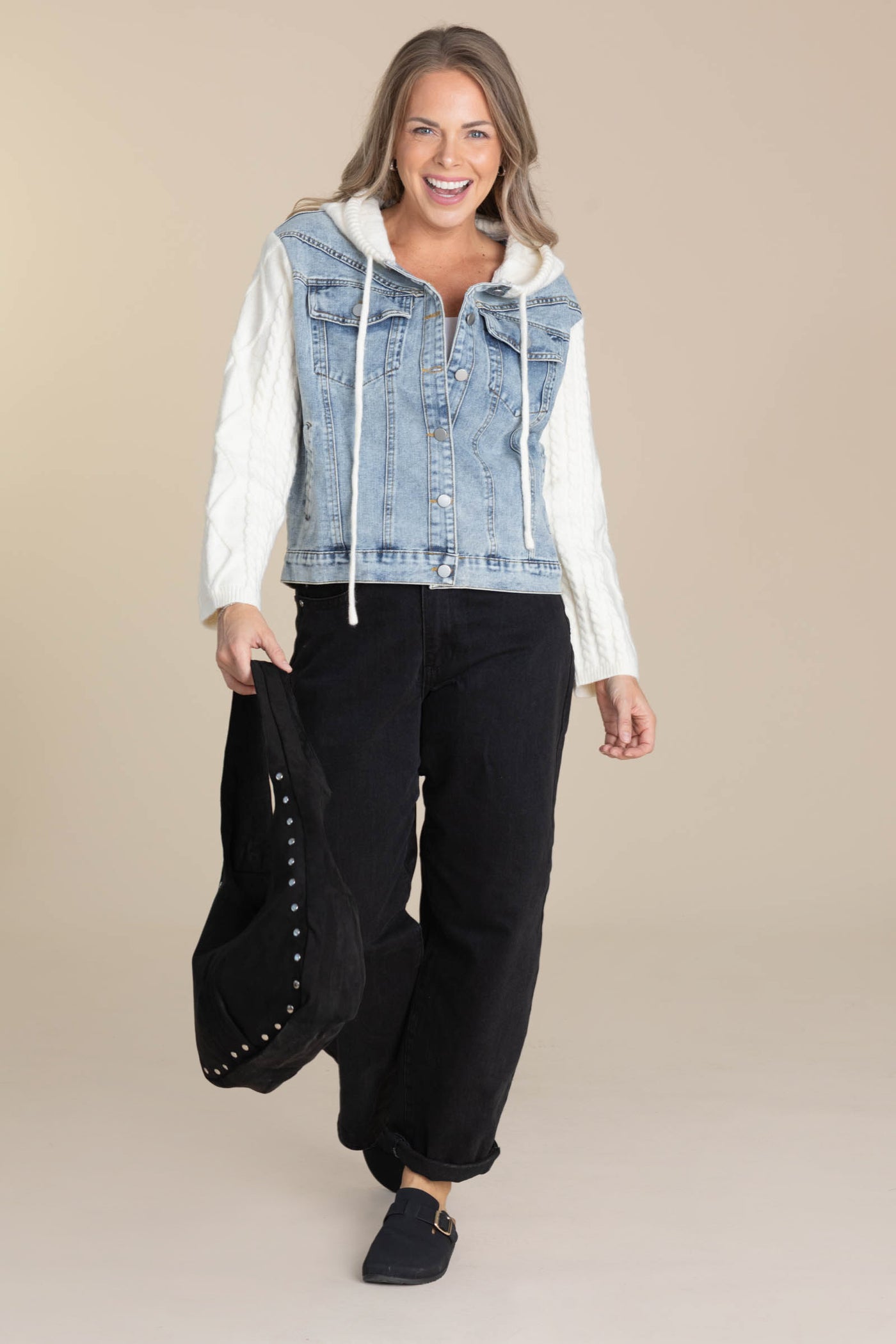 Denim Jacket With Ivory Cable Sweater Sleeves