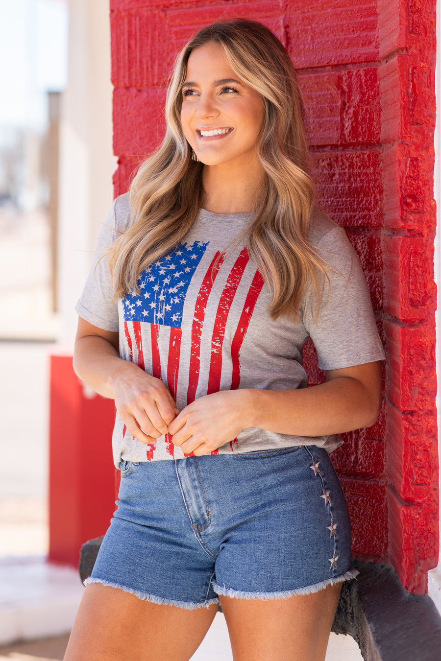 Heather Grey American Flag Print Knit Top