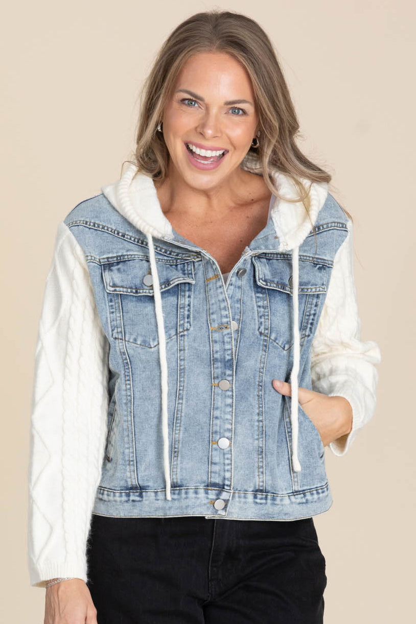 Denim Jacket With Ivory Cable Sweater Sleeves