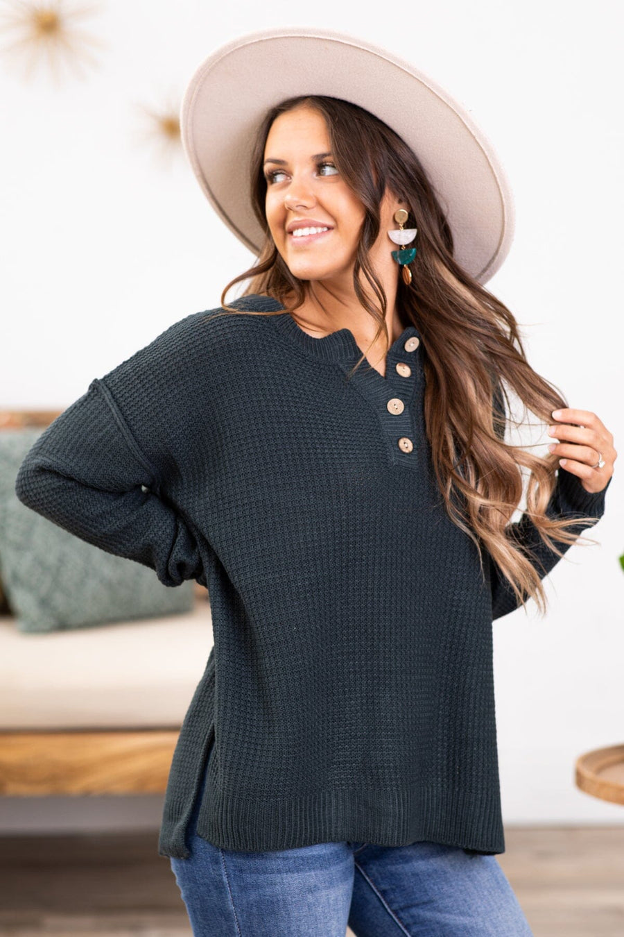 Emerald Waffle Knit Sweater With Buttons - Filly Flair