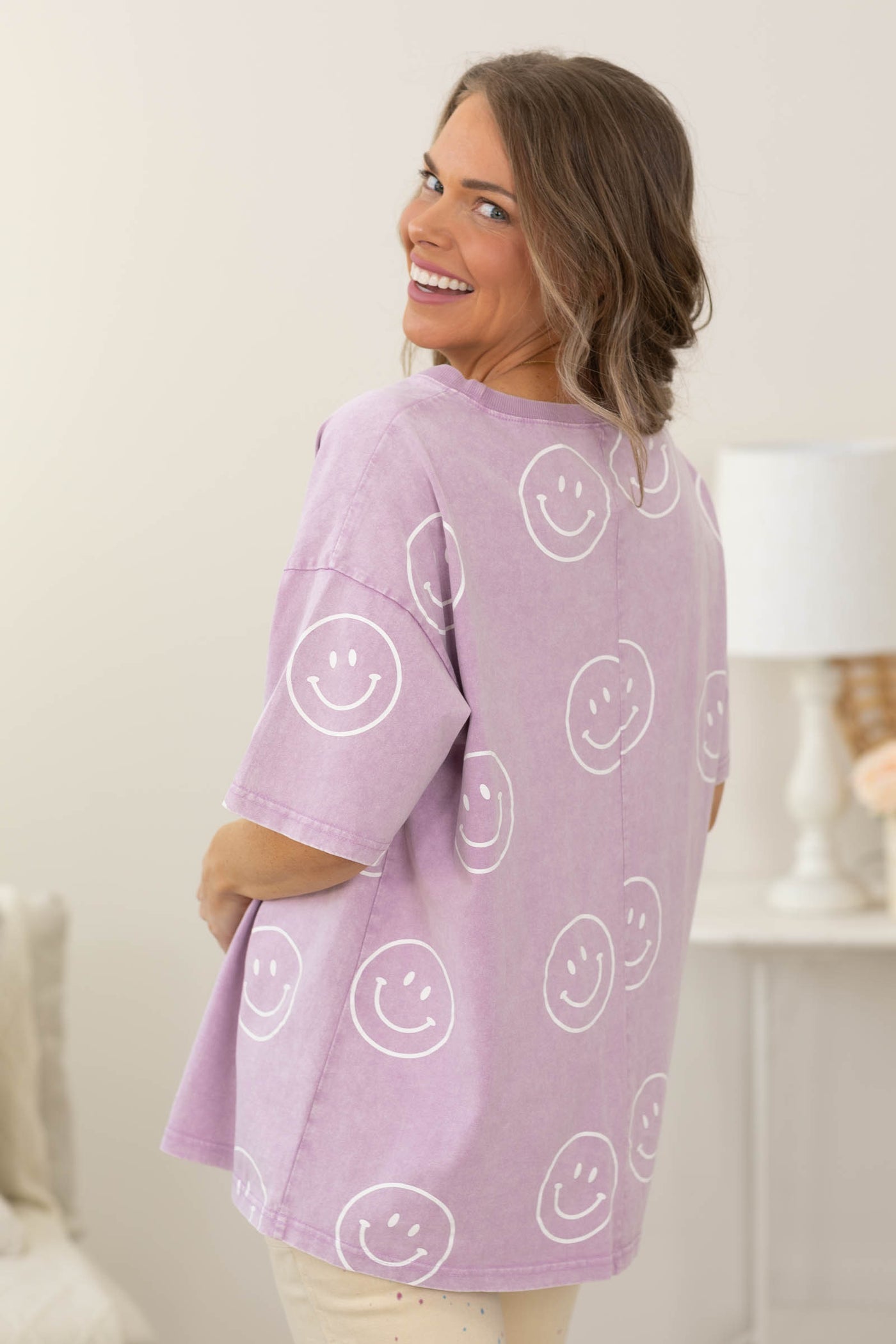 Lilac Smiley Face Printed Washed Knit Top- 100% Cotton