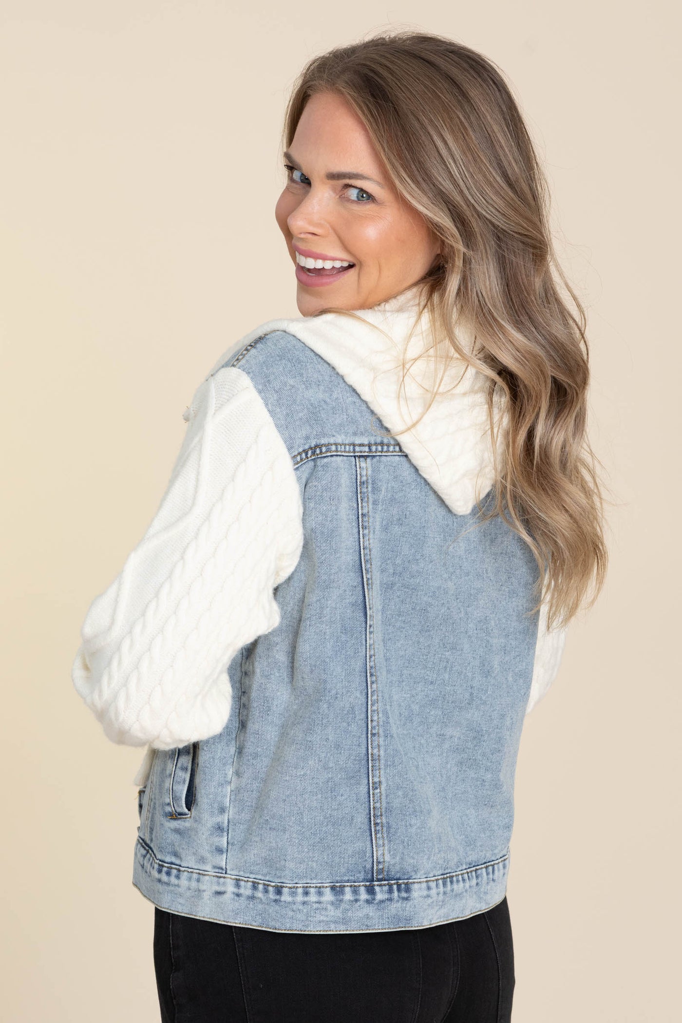 Denim Jacket With Ivory Cable Sweater Sleeves