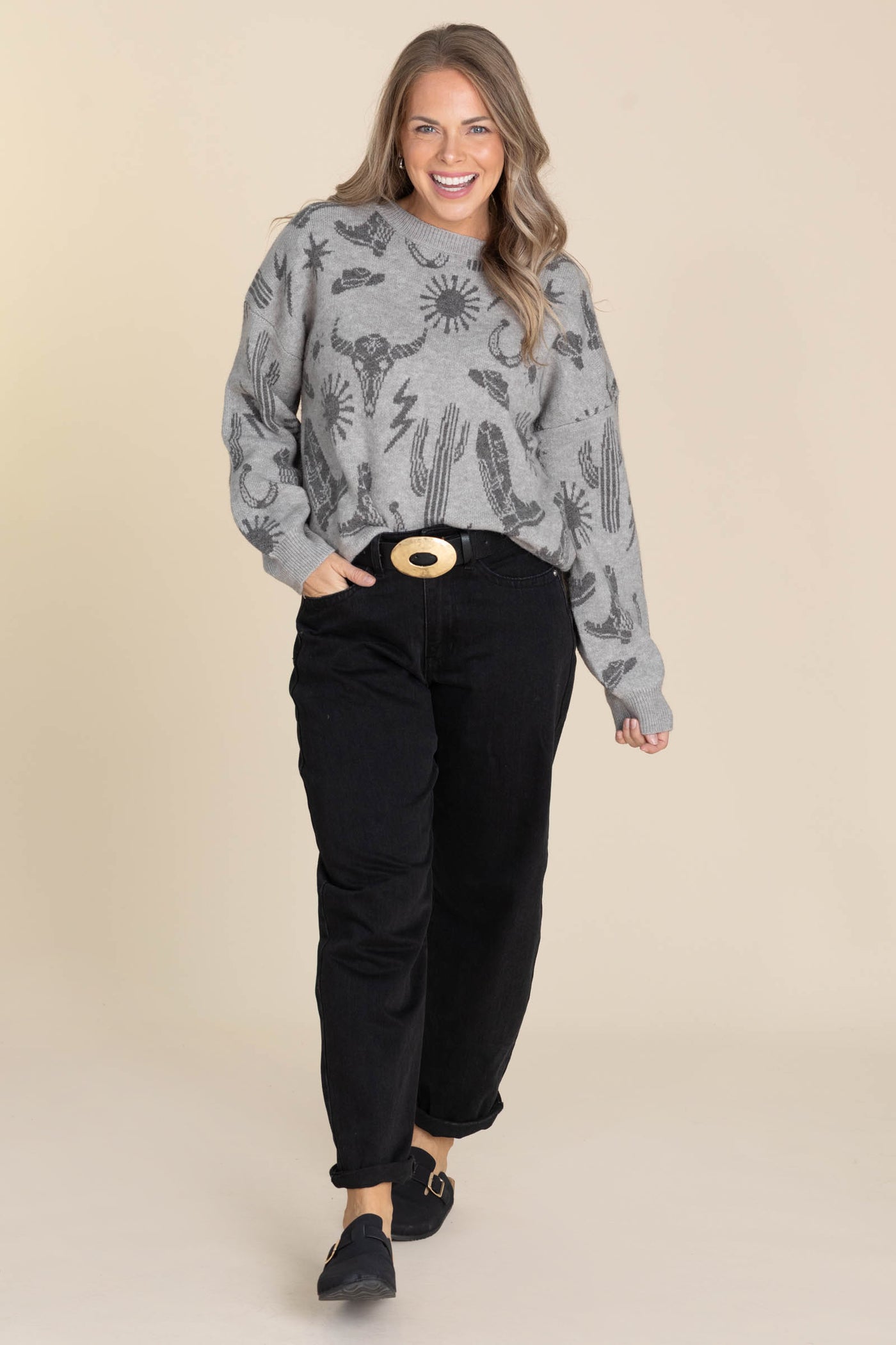 Grey Western Graphic Knit Sweater Top