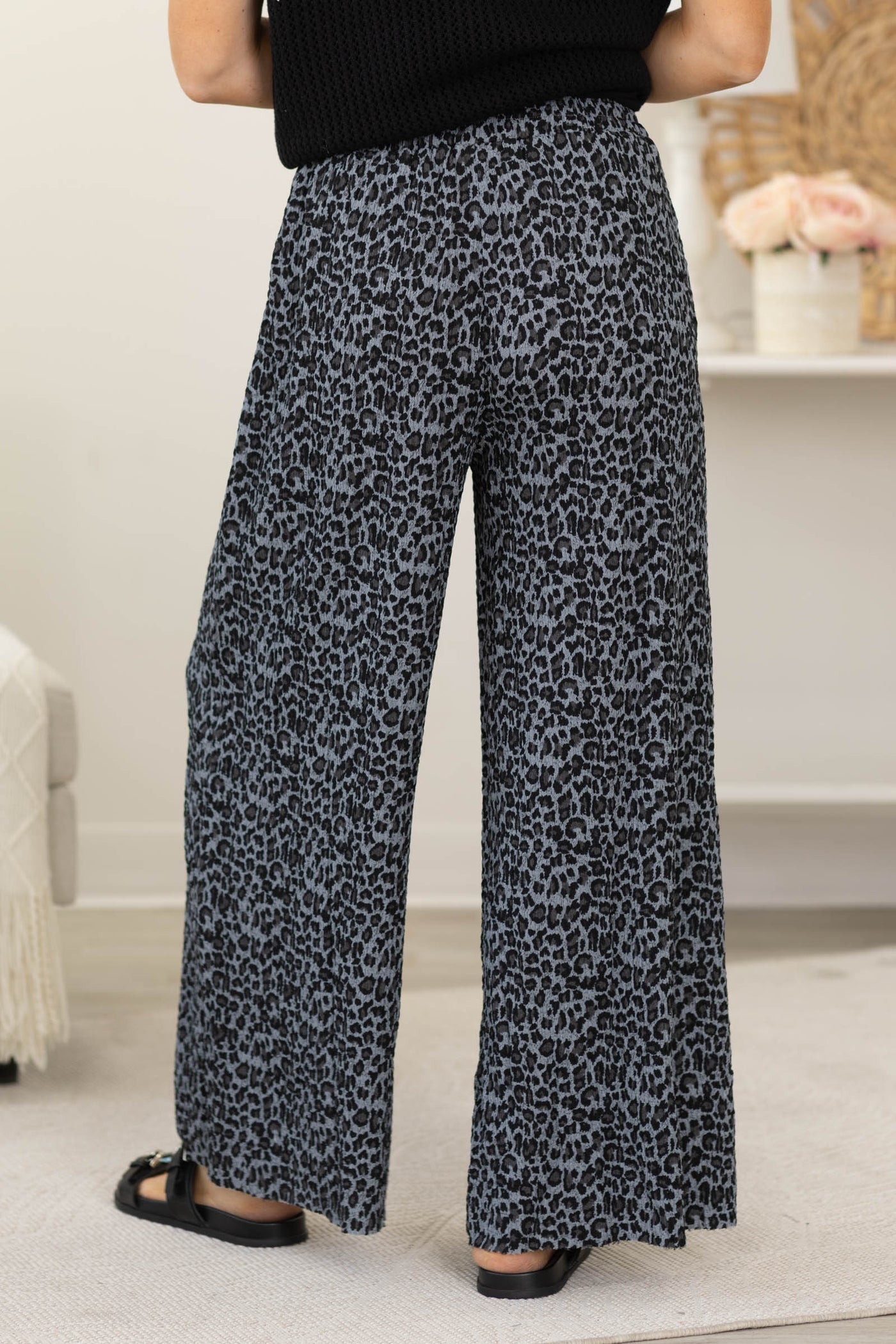 Gray Leopard Print Elastic Waist Pants
