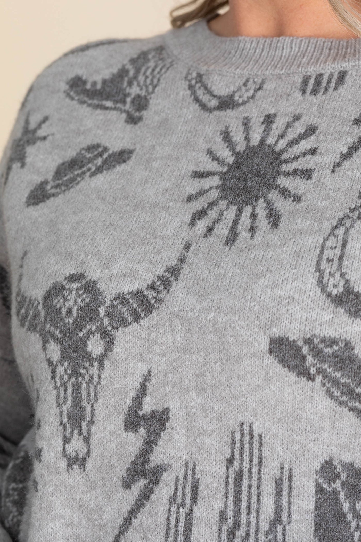 Grey Western Graphic Knit Sweater Top