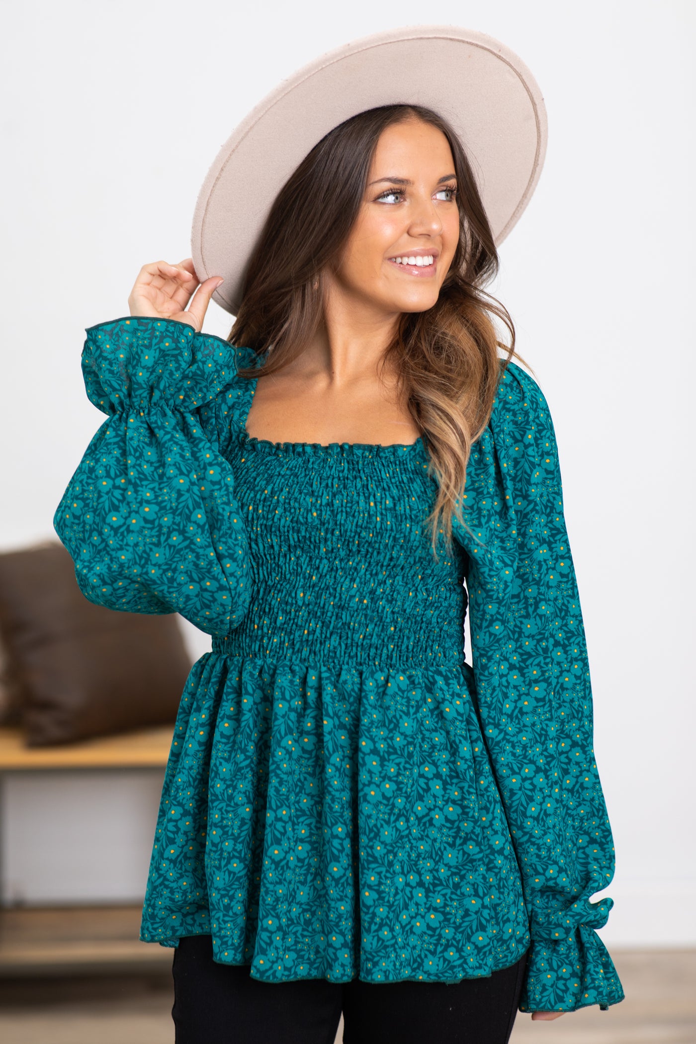 Teal Ditsy Floral Smocked Square Neck Top