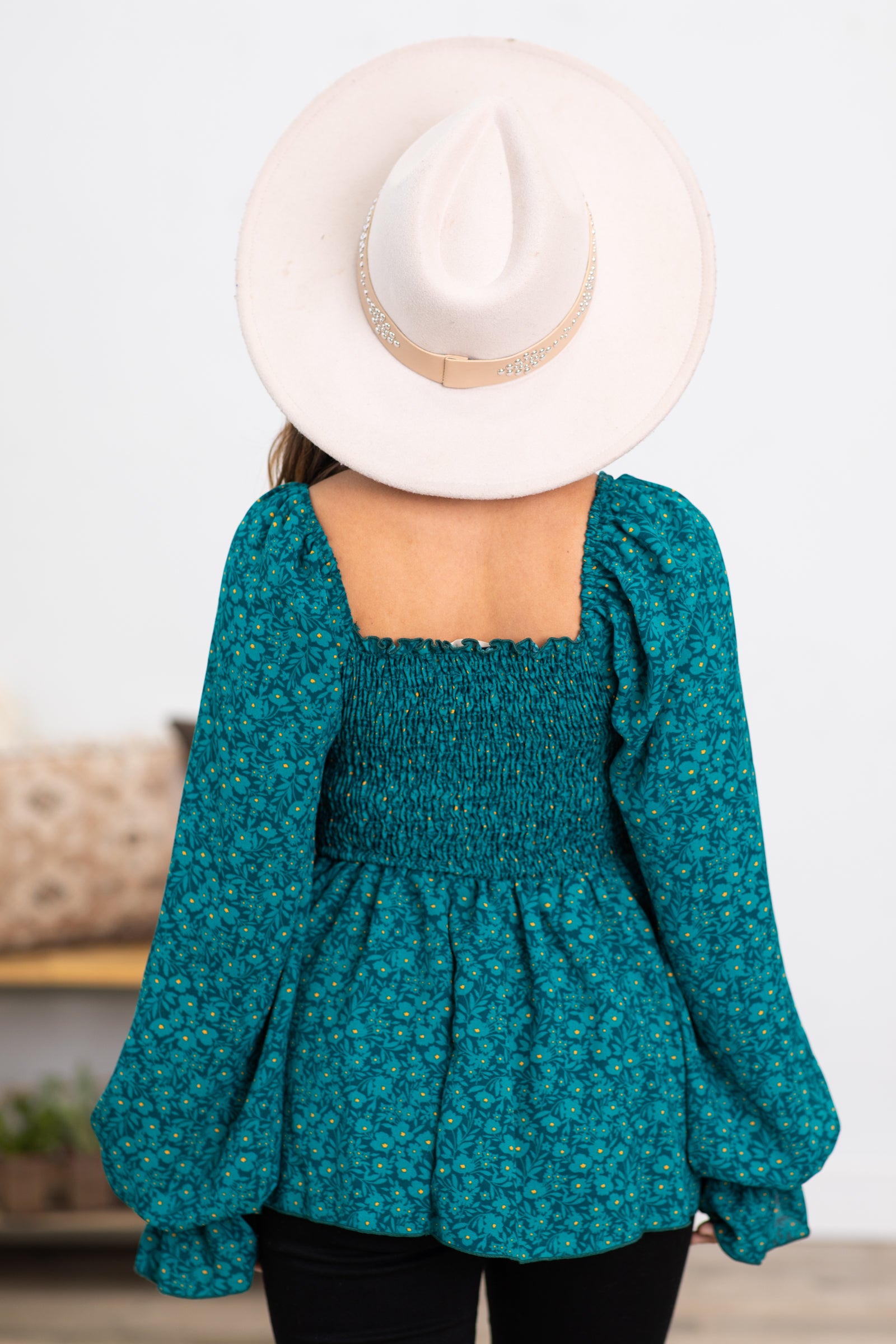 Teal Ditsy Floral Smocked Square Neck Top