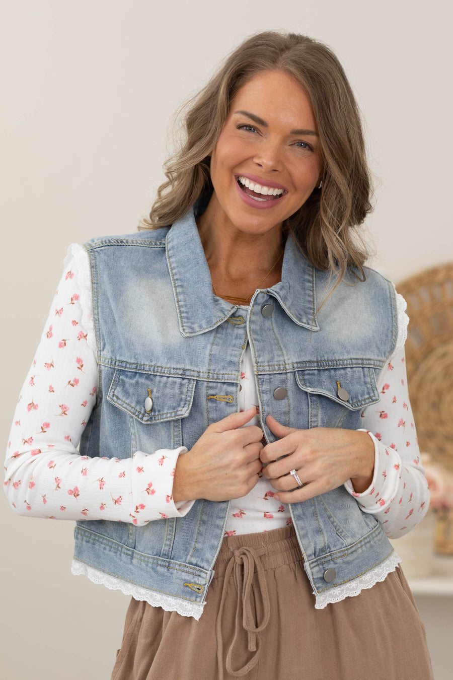 Denim Vest With Lace Trim