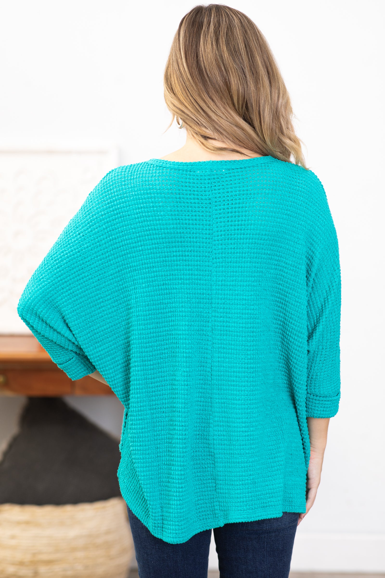 Turquoise Waffle Knit Dolman Sleeve Sweater
