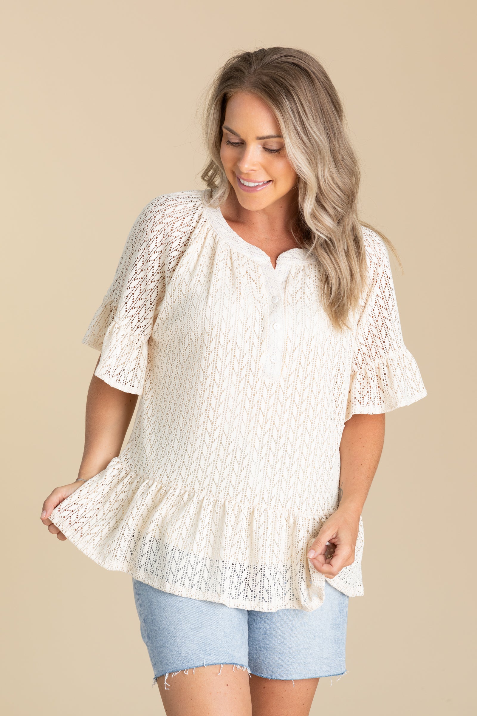 Cream Ruffled V-Notched Crochet Peplum Top · Filly Flair