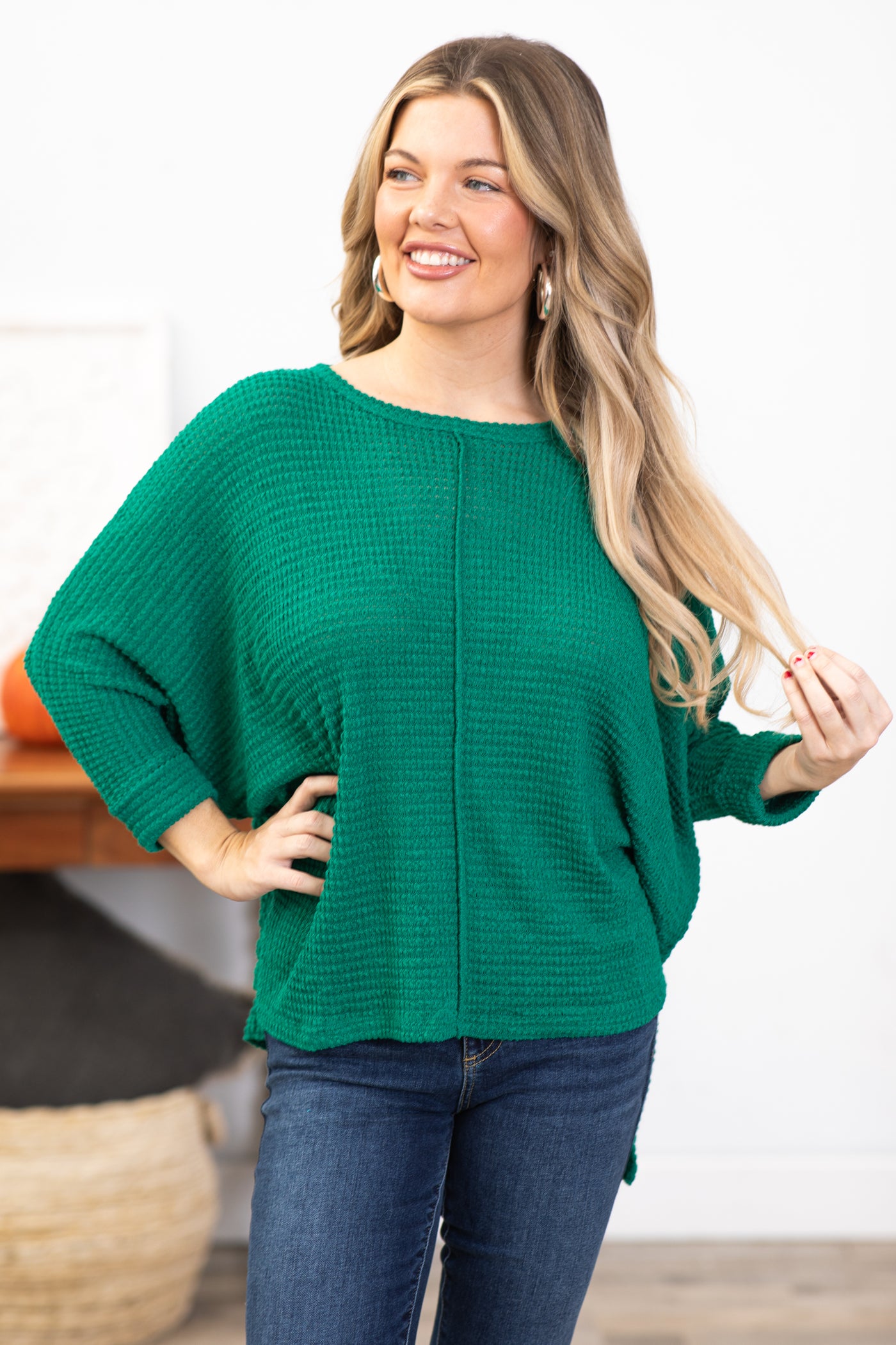 Jade Waffle Knit Dolman Sleeve Sweater