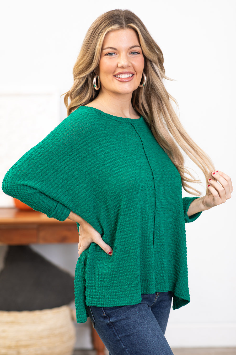 Jade Waffle Knit Dolman Sleeve Sweater