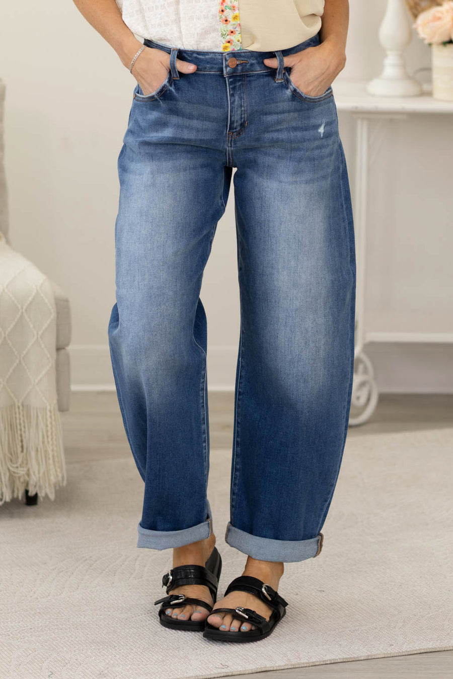 Risen Mid Rise Barrel Double Roll Up Jeans