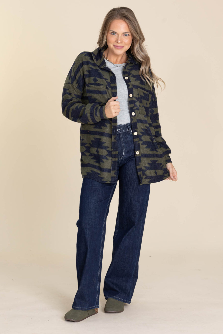 Olive Aztec Print Light Shacket