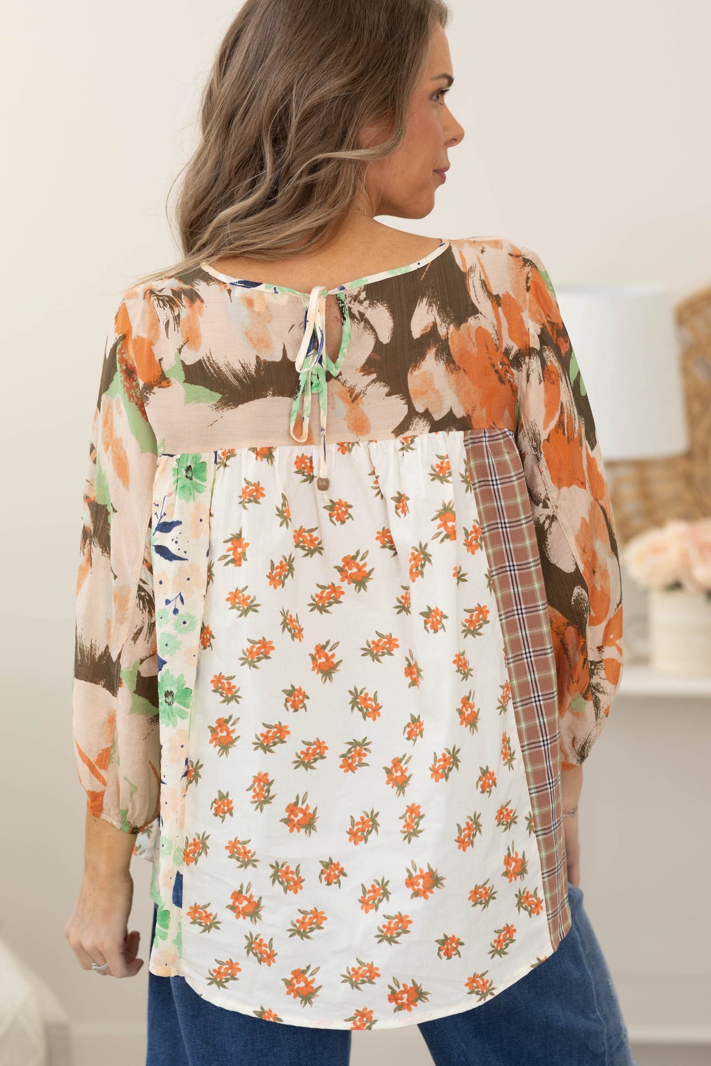 Natural Mocha Floral Print Mix Woven Top