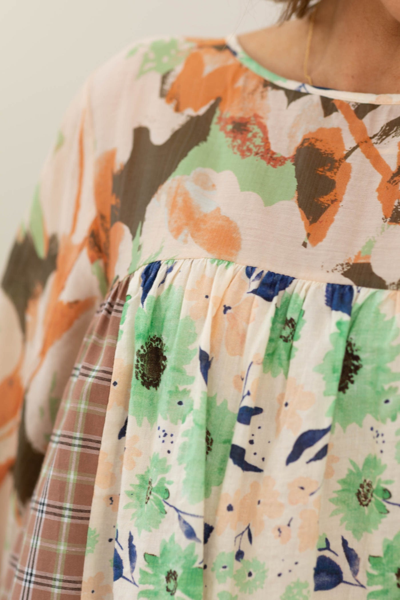 Natural Mocha Floral Print Mix Woven Top